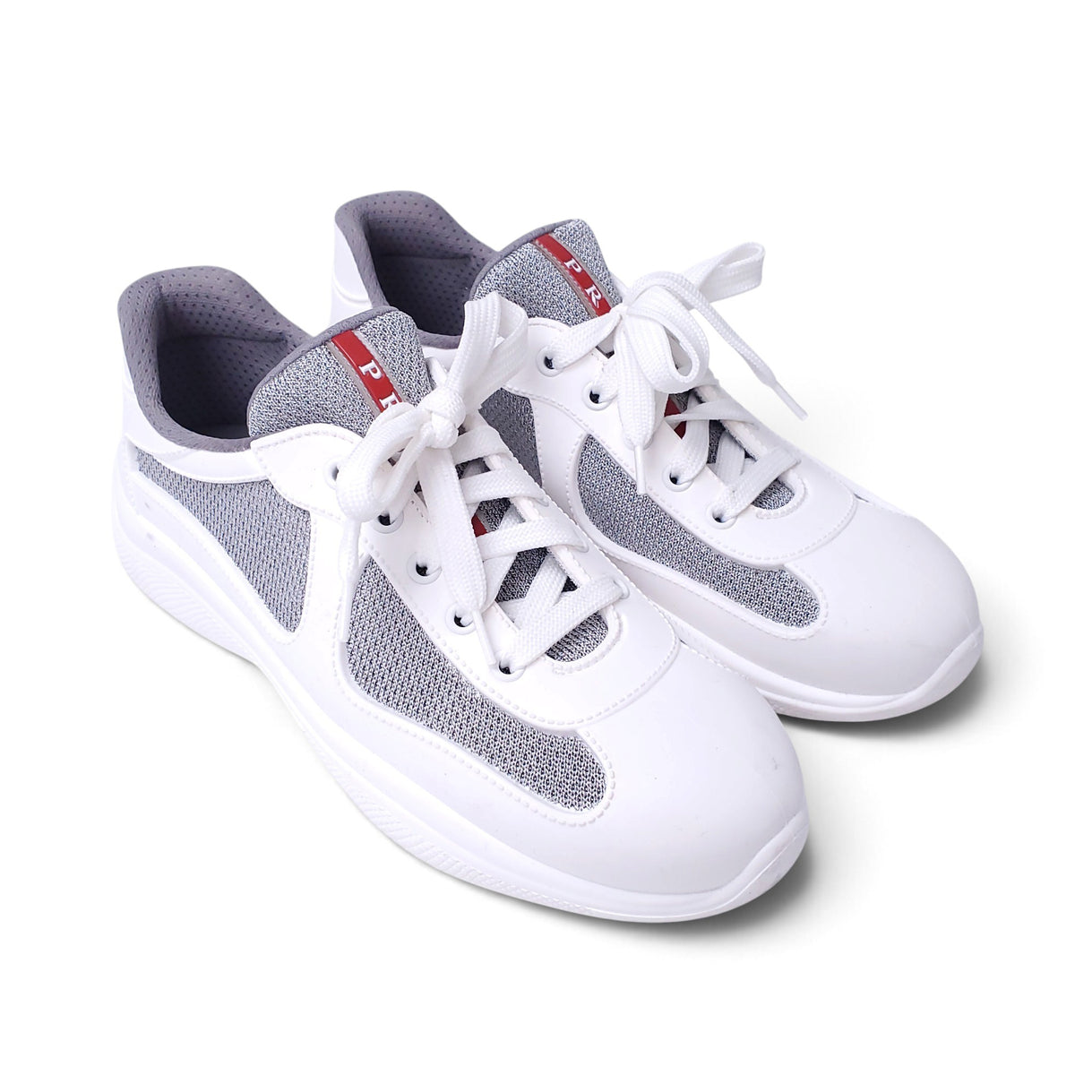 PRADA GREY AND WHITE LOGO SNEAKERS - SIZE 39