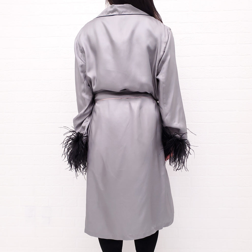PRADA GREY SILK FEATHER ROBE WITH BELT - SIZE L
