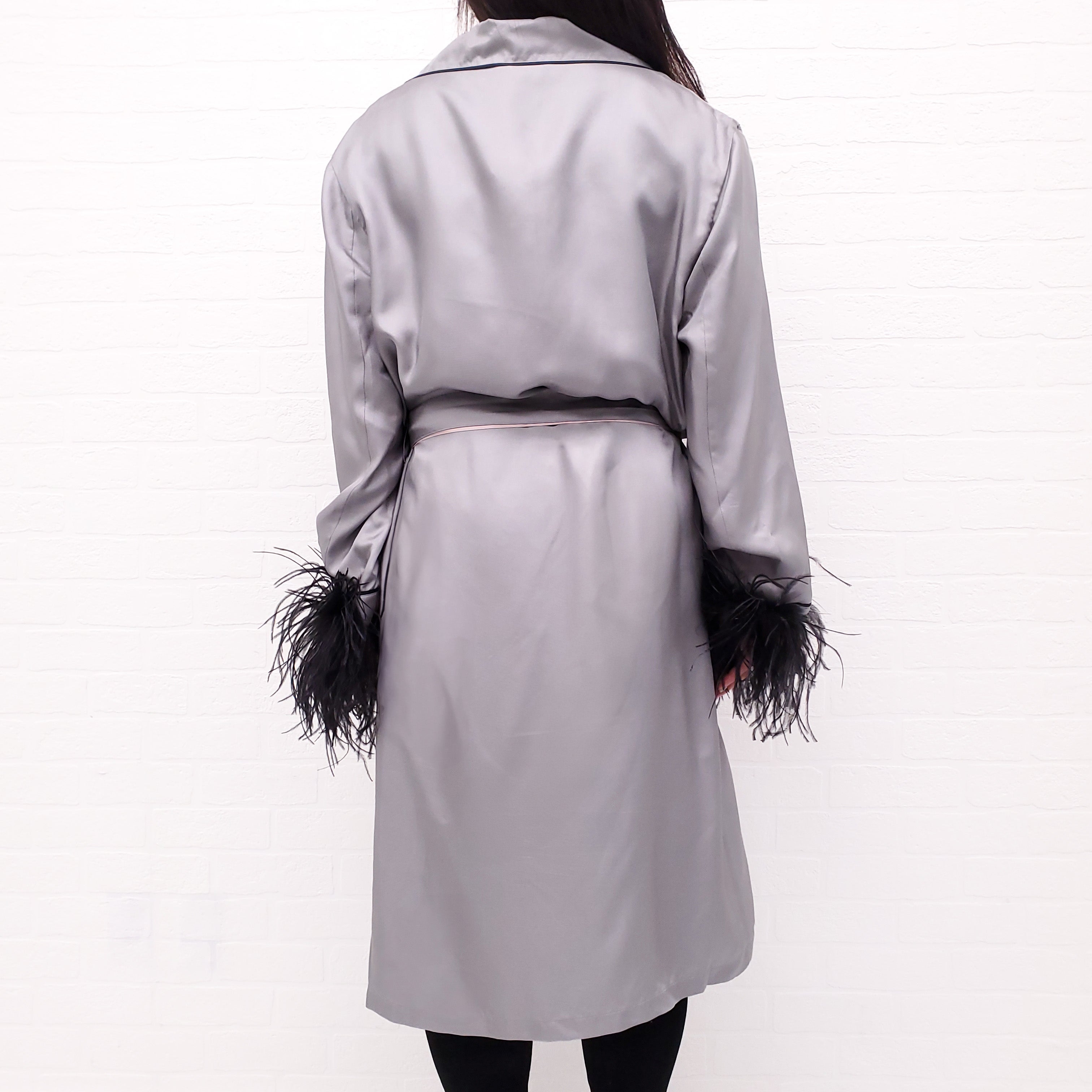 PRADA GREY SILK FEATHER ROBE WITH BELT - SIZE L