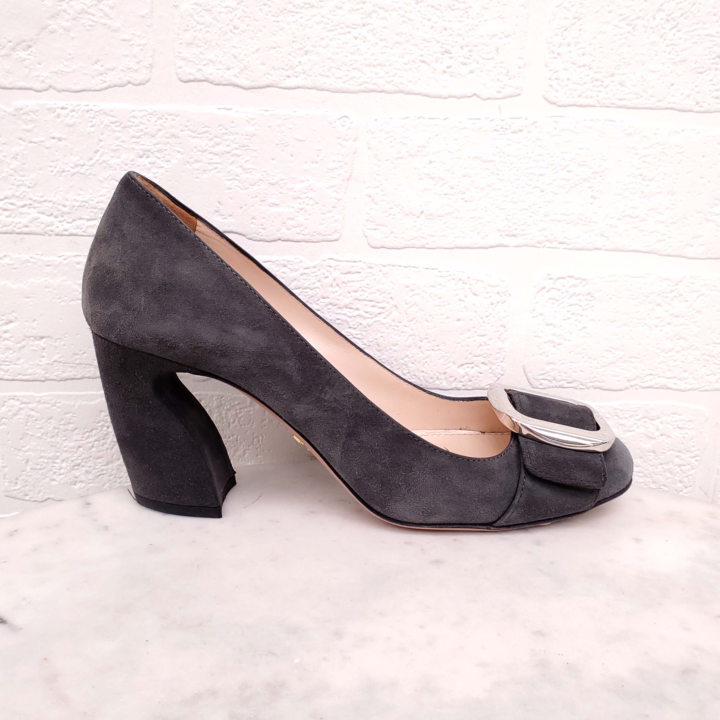 PRADA GREY SUEDE HEELS WITH SILVER BUCKLE - SIZE 36