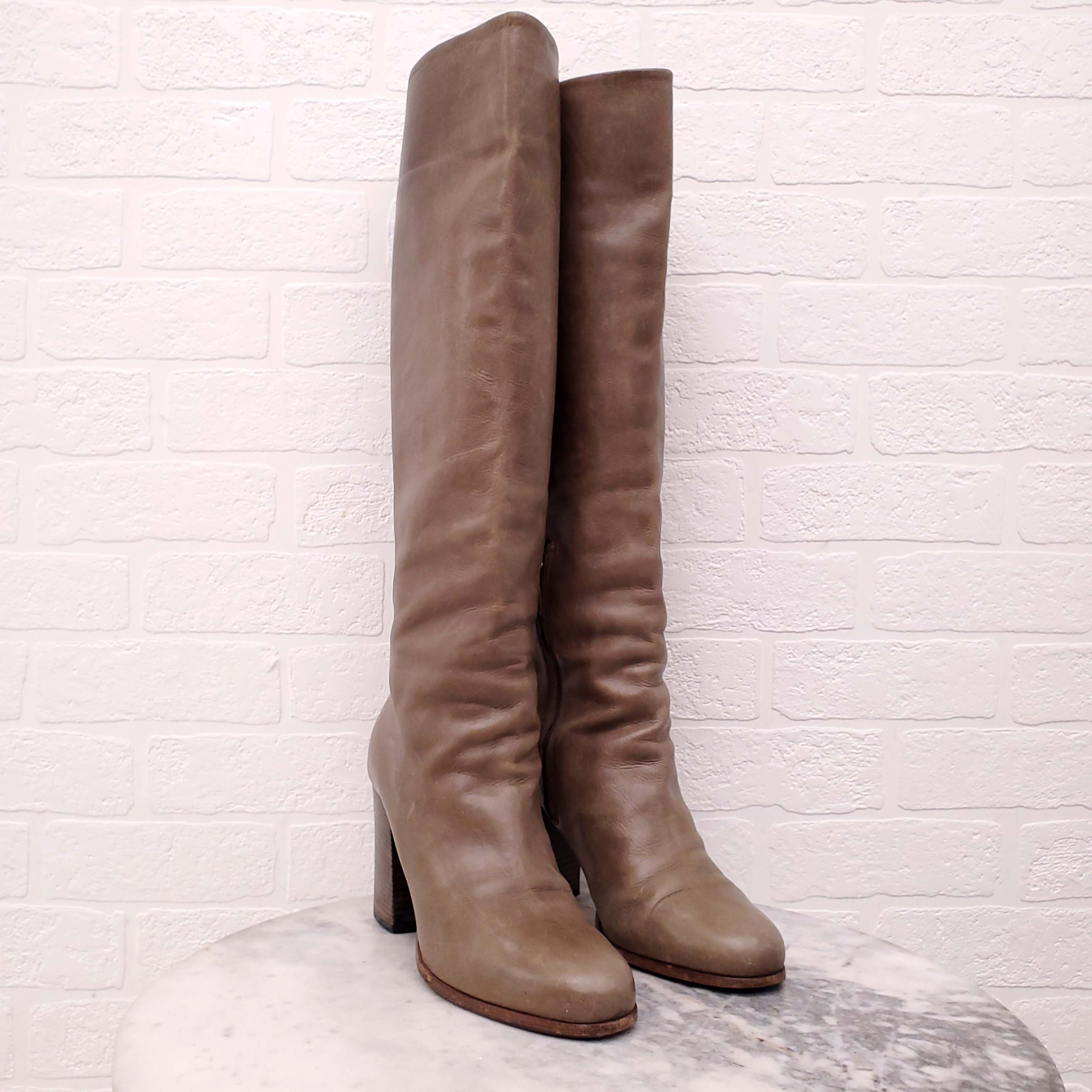 PRADA KHAKI LEATHER BOOTS - SIZE 40