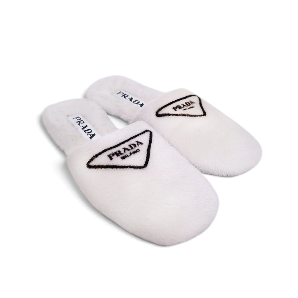 PRADA LOGO SHEARLING LOGO MULES - SIZE 38.5