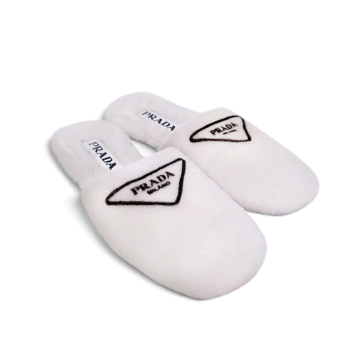 PRADA LOGO SHEARLING LOGO MULES - SIZE 38.5