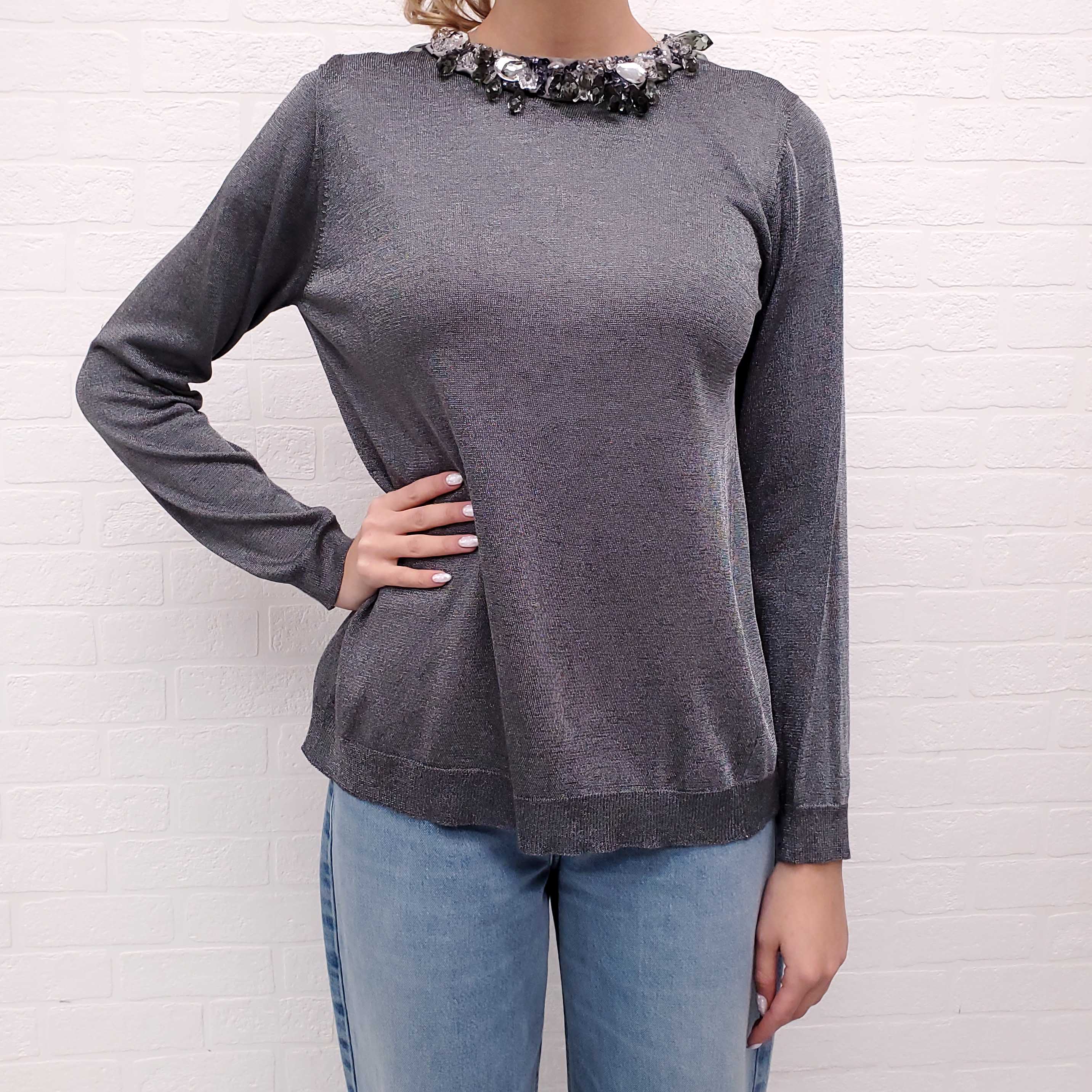 PRADA METALLIC SWEATER WITH STONE COLLAR AND CUTOUT BACK - SIZE 46