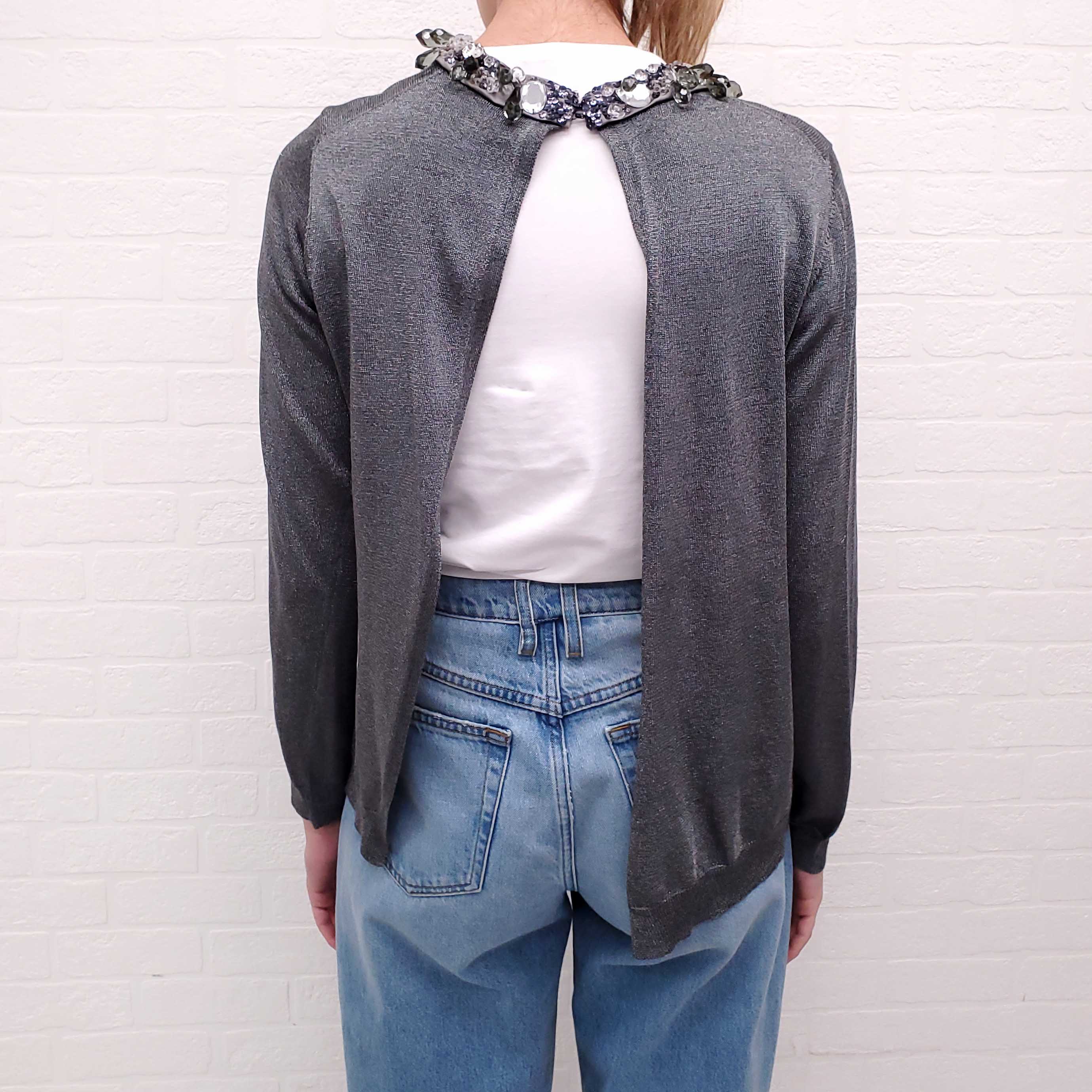 PRADA METALLIC SWEATER WITH STONE COLLAR AND CUTOUT BACK - SIZE 46