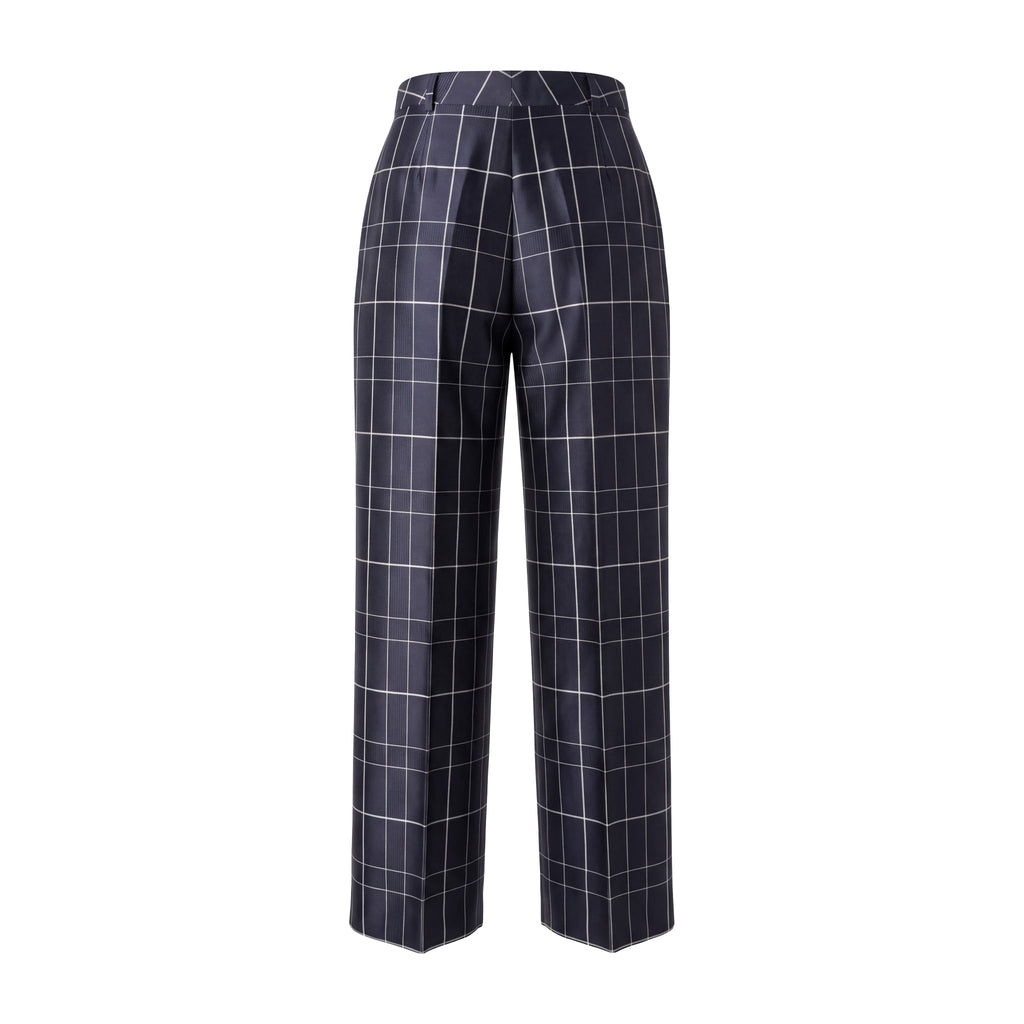 PRADA NAVY PLAID SATIN TROUSERS - SIZE 46