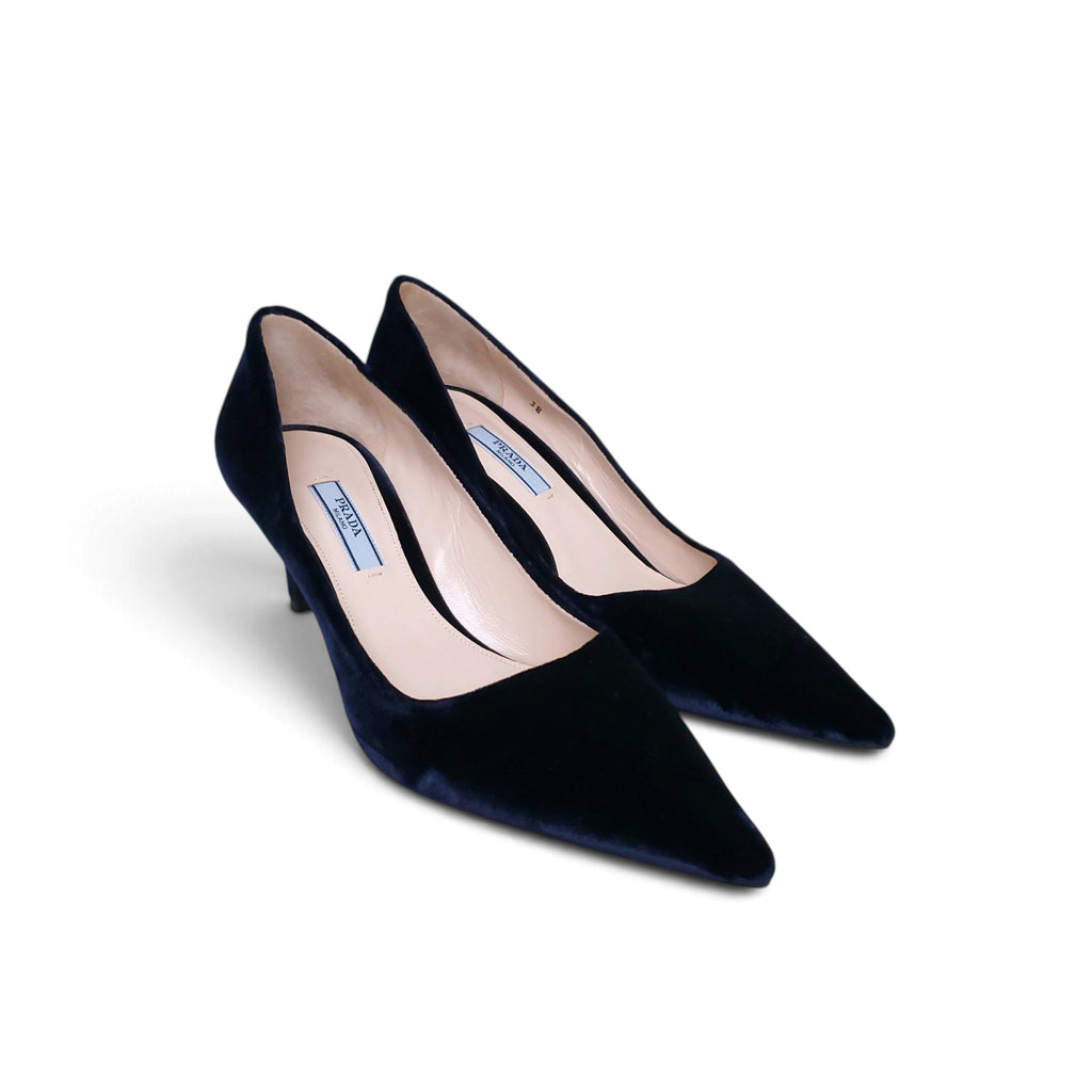 PRADA NAVY VELVET KITTEN HEELS - SIZE 38
