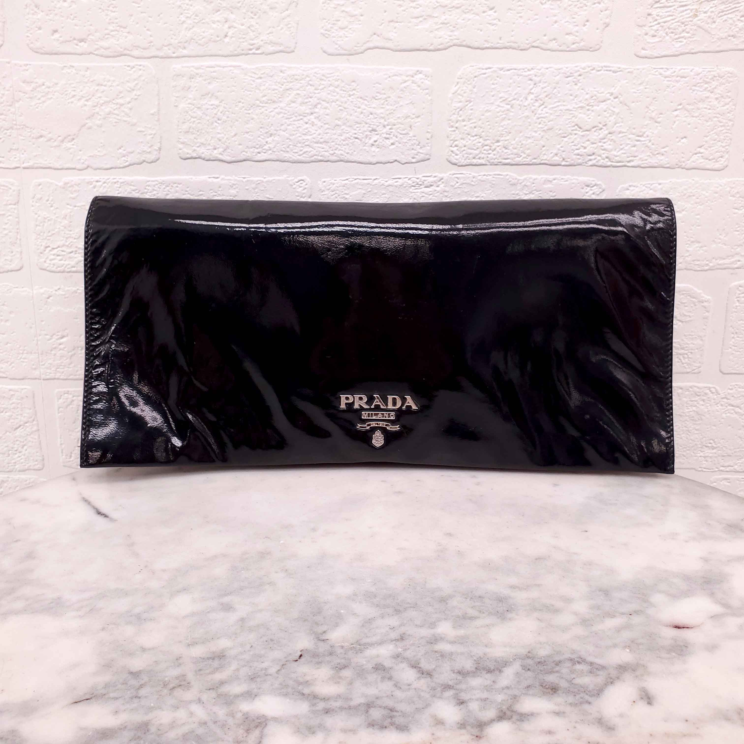 PRADA PATENT CLUTCH WITH LOGO