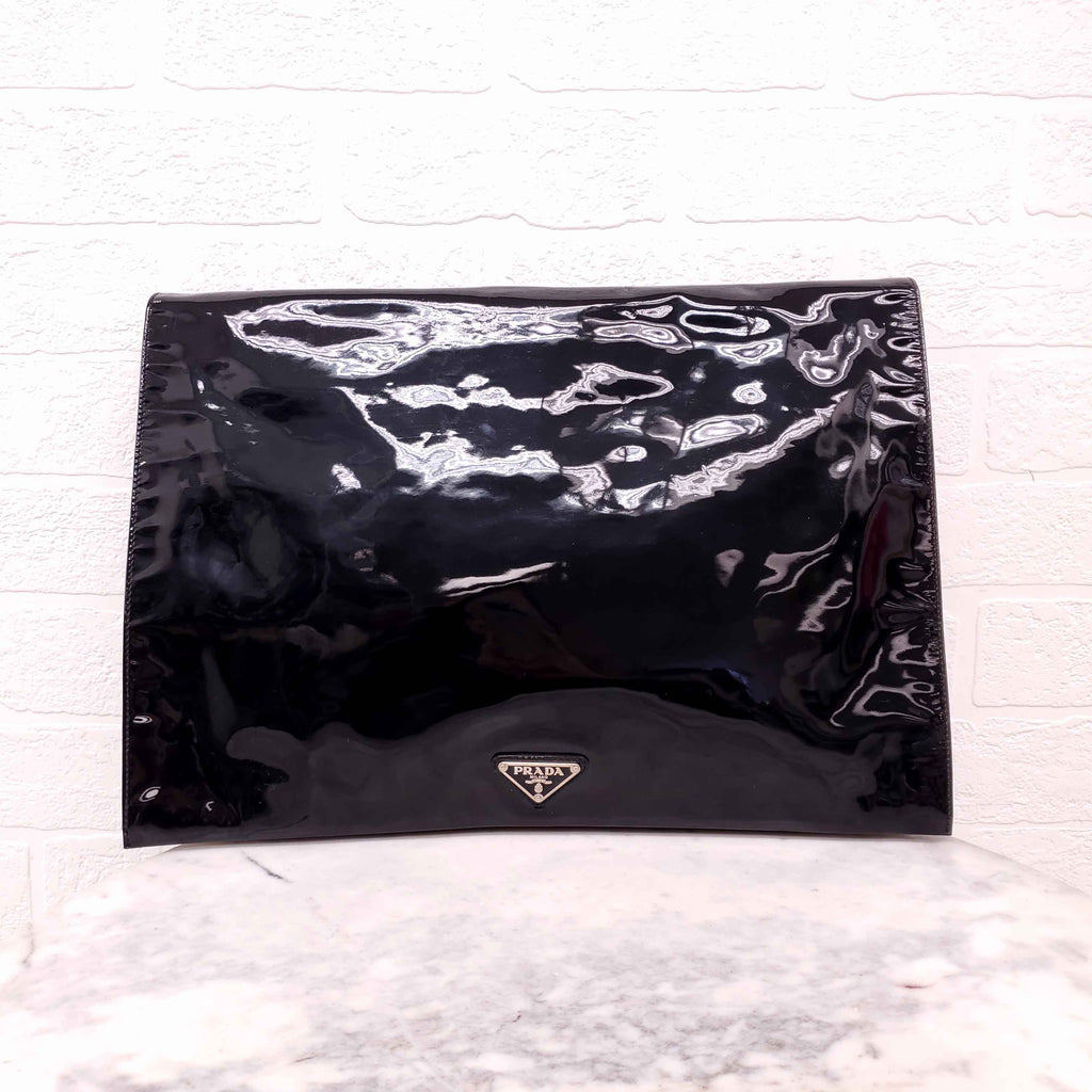 PRADA PATENT LARGE LOGO CLUTCH