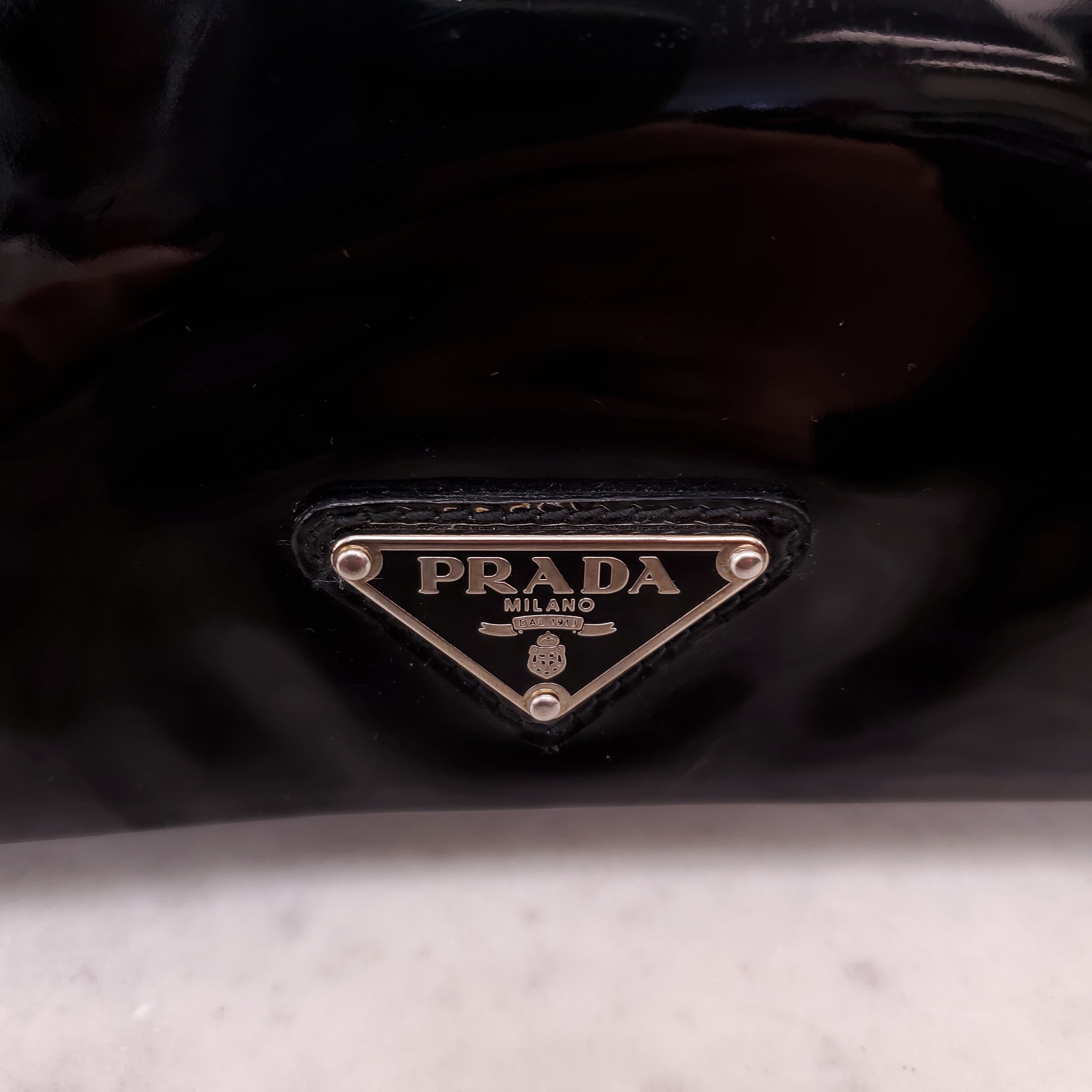 PRADA PATENT LARGE LOGO CLUTCH
