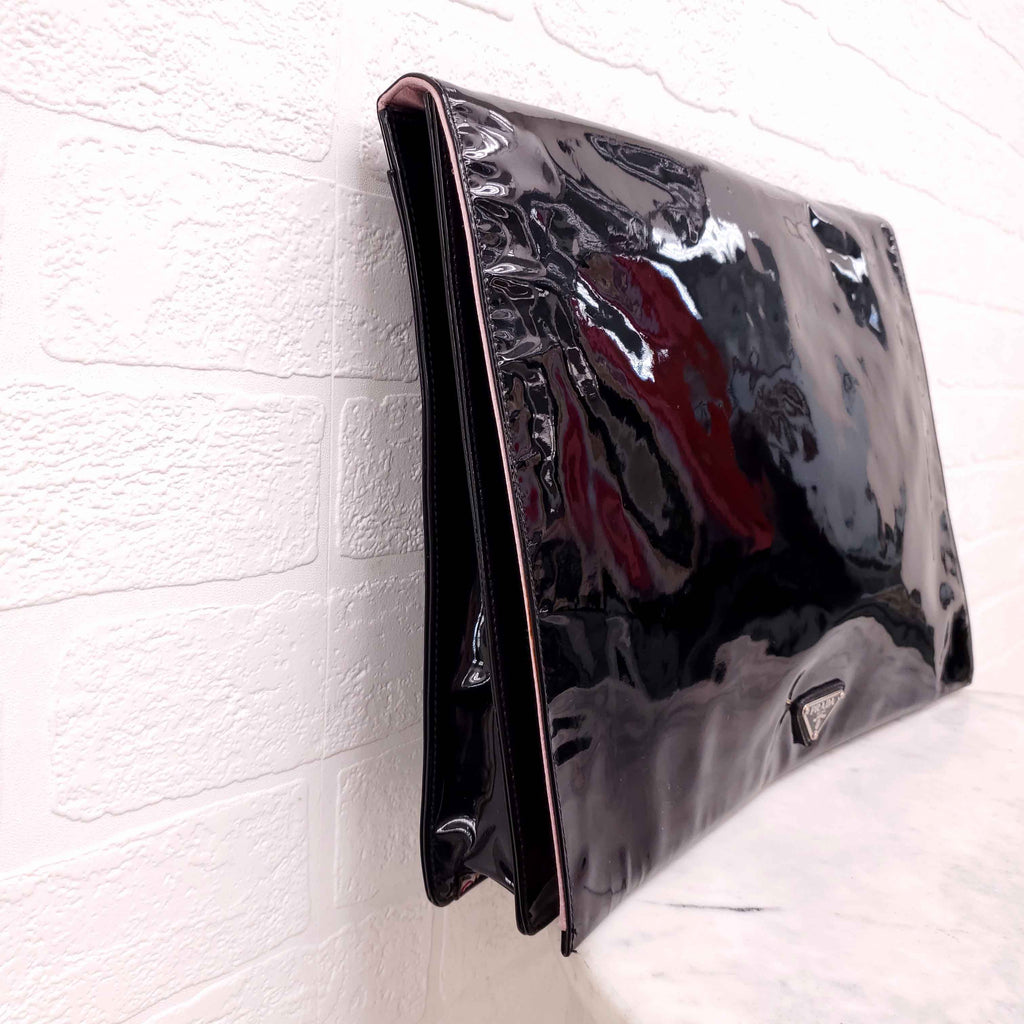 PRADA PATENT LARGE LOGO CLUTCH