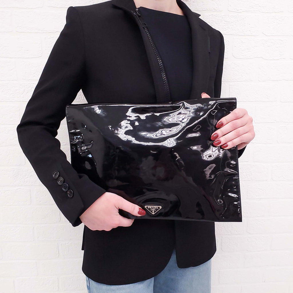 PRADA PATENT LARGE LOGO CLUTCH