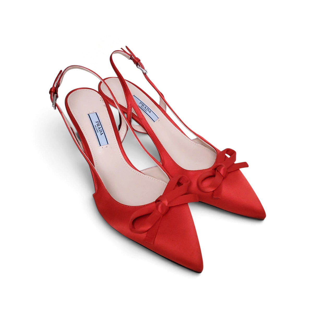 PRADA RED SATIN KITTEN HEELS WITH BOW - SIZE 38