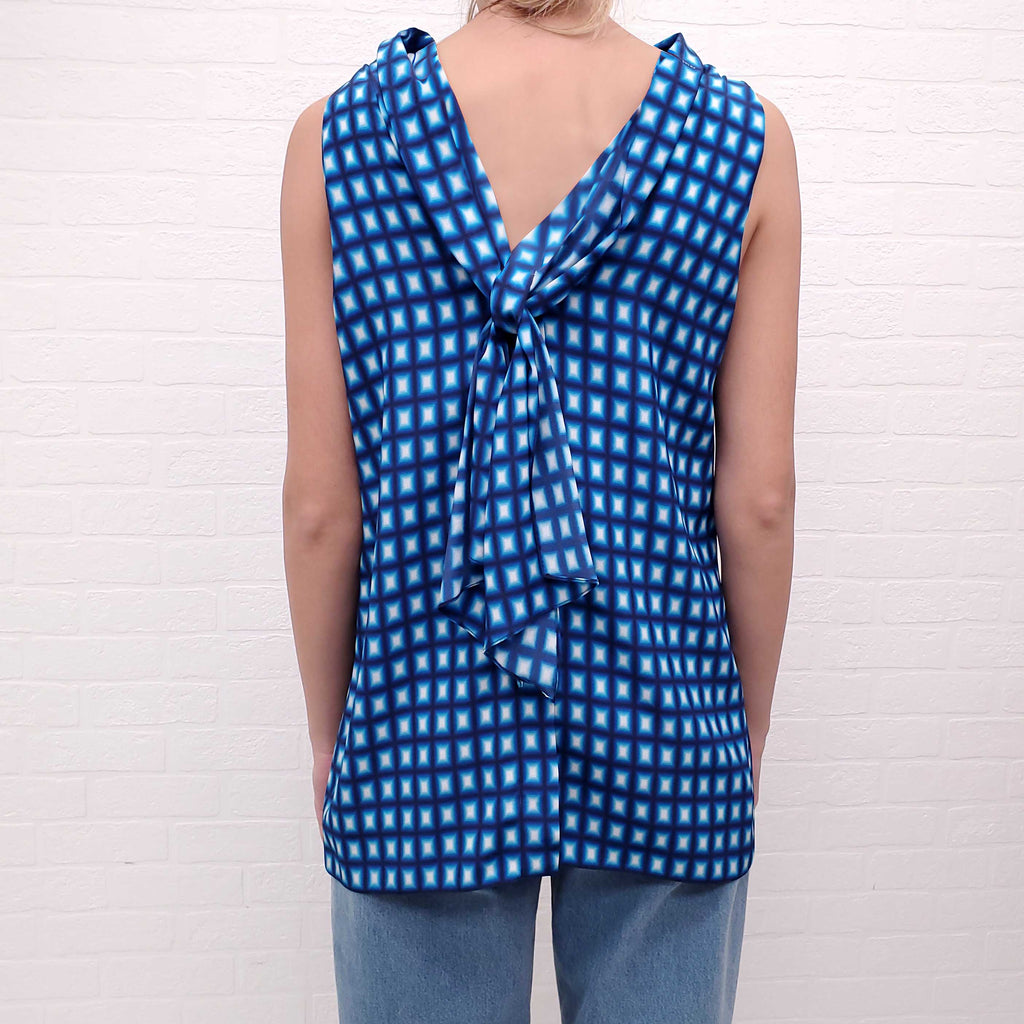 PRADA SILK BLUE PATTERNED TIE DETAIL BLOUSE - SIZE 44