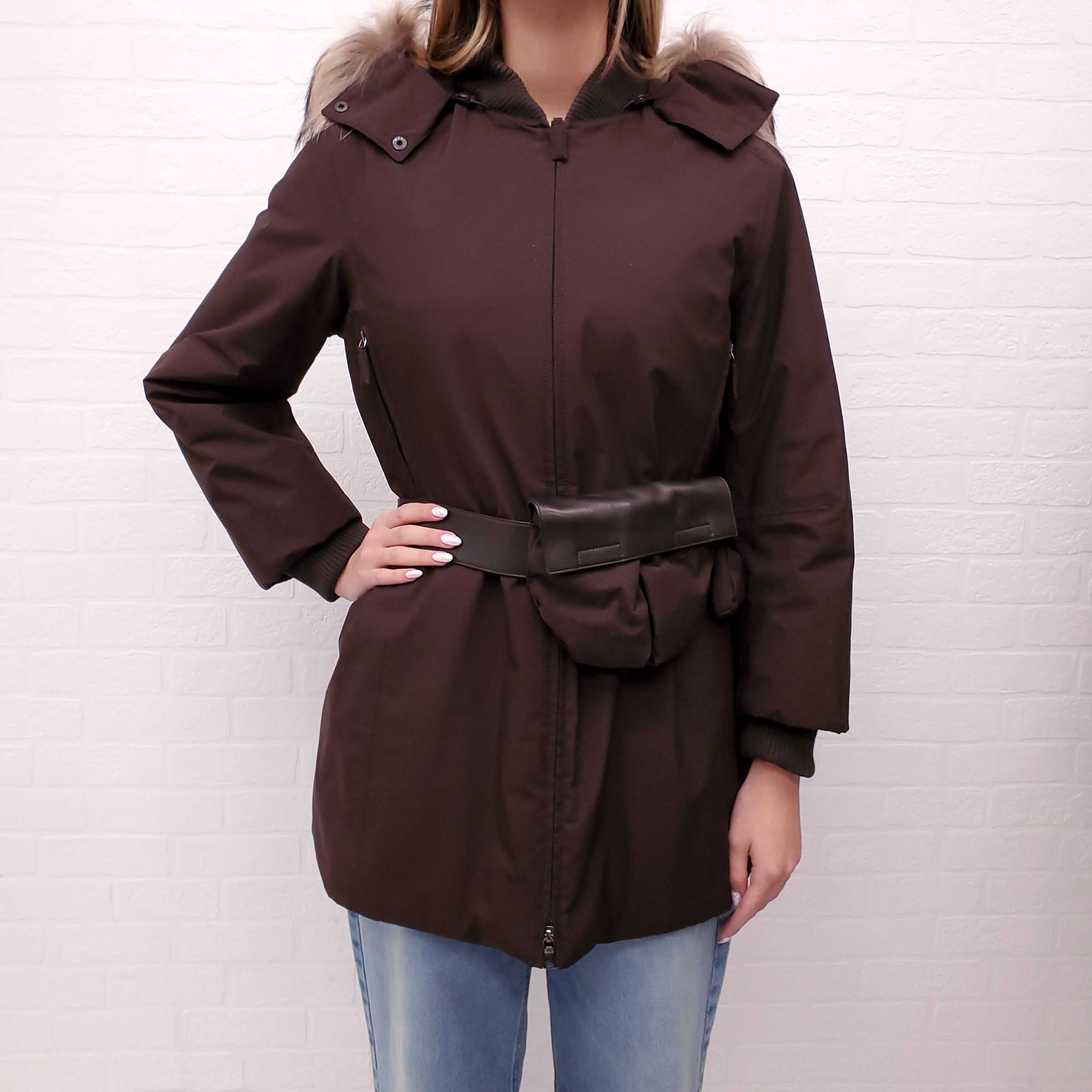 PRADA SPORT BROWN JACKET WITH FUR HOOD AND BELT BAG - SIZE M