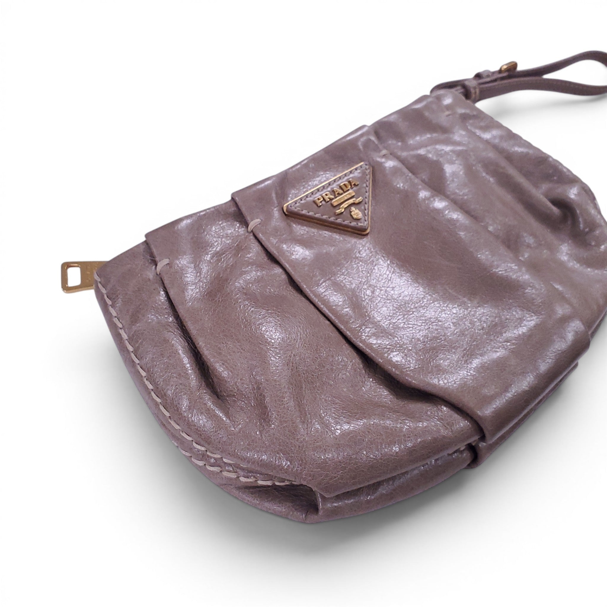 PRADA TAUPE PATENT LEATHER WRISTLET POUCH