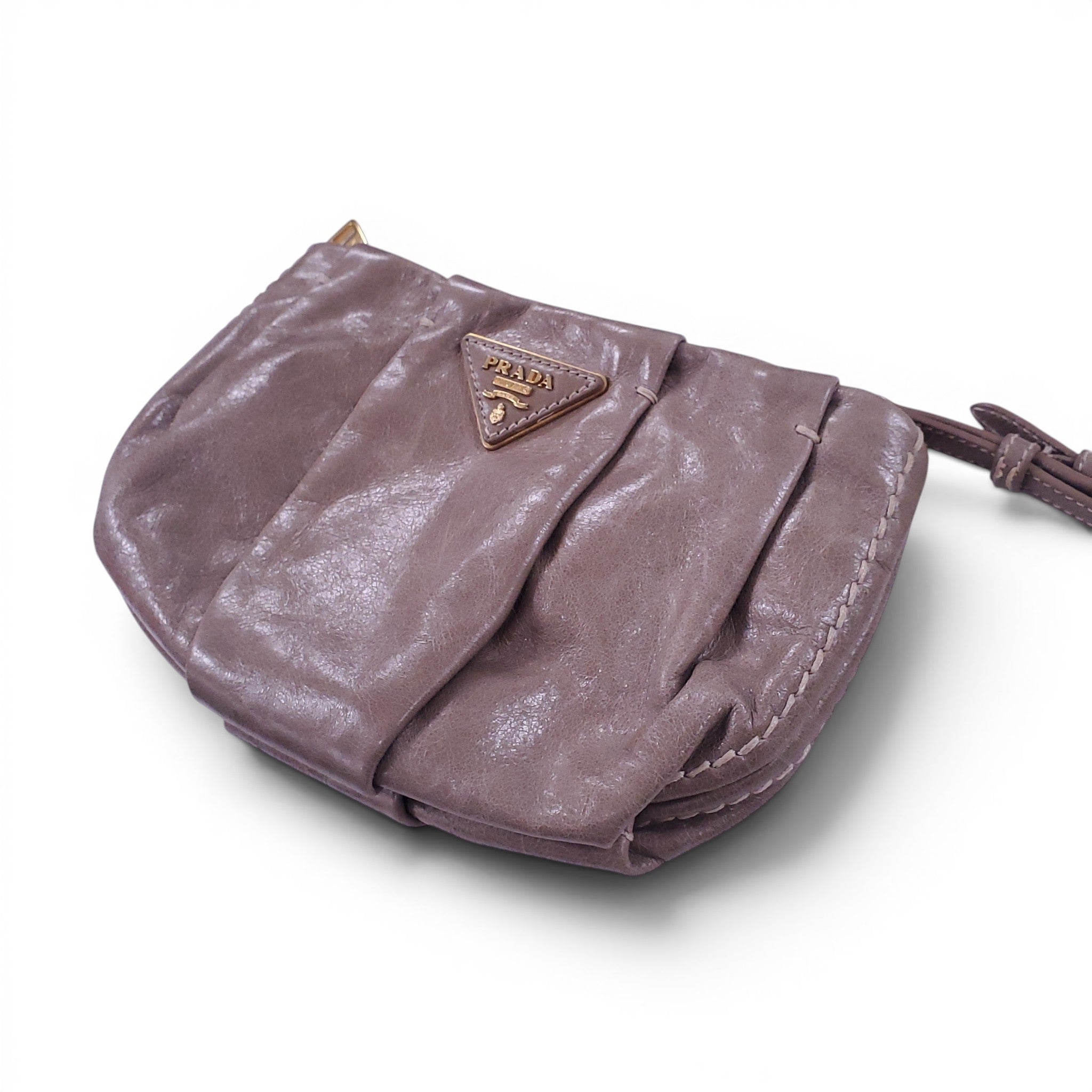 PRADA TAUPE PATENT LEATHER WRISTLET POUCH