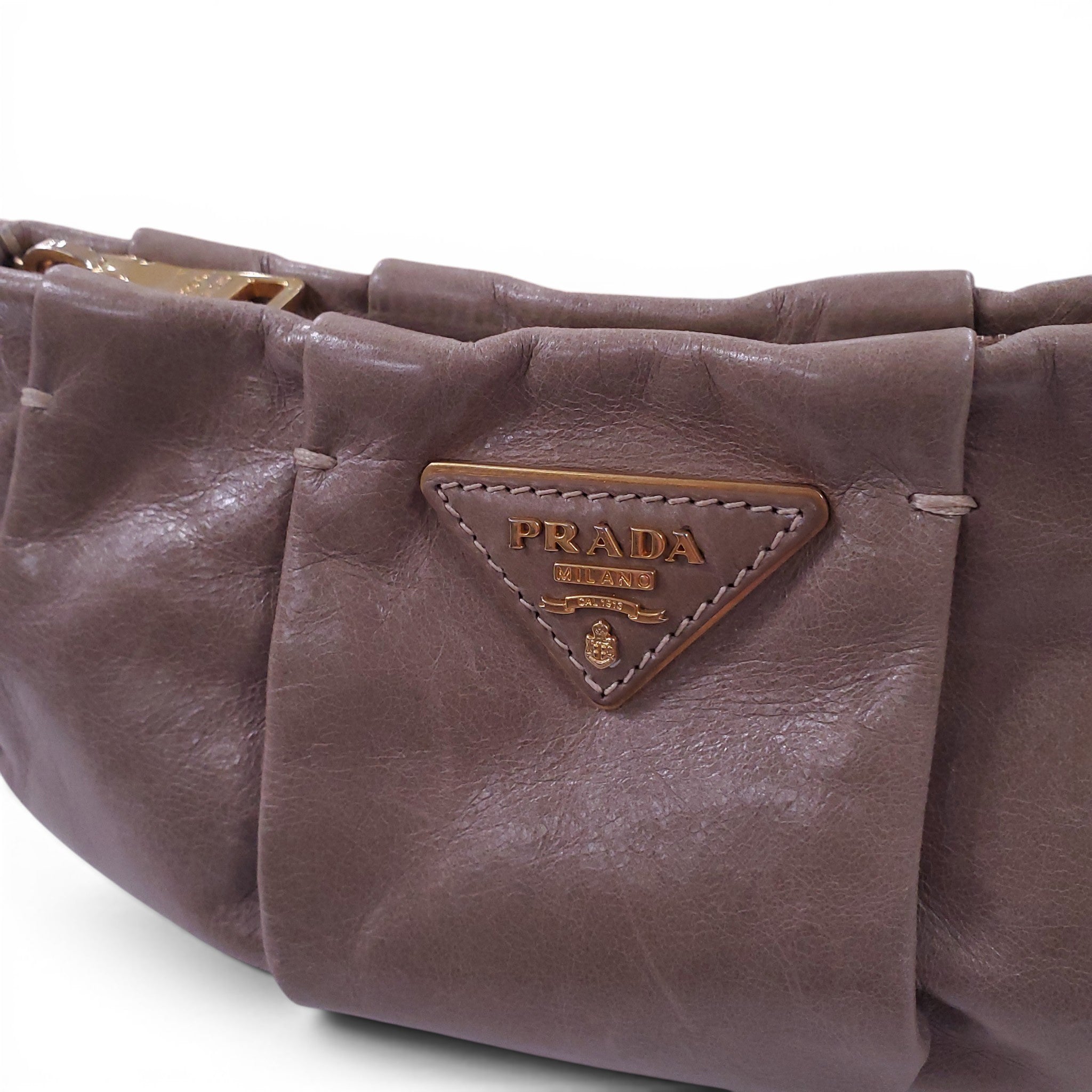 PRADA TAUPE PATENT LEATHER WRISTLET POUCH