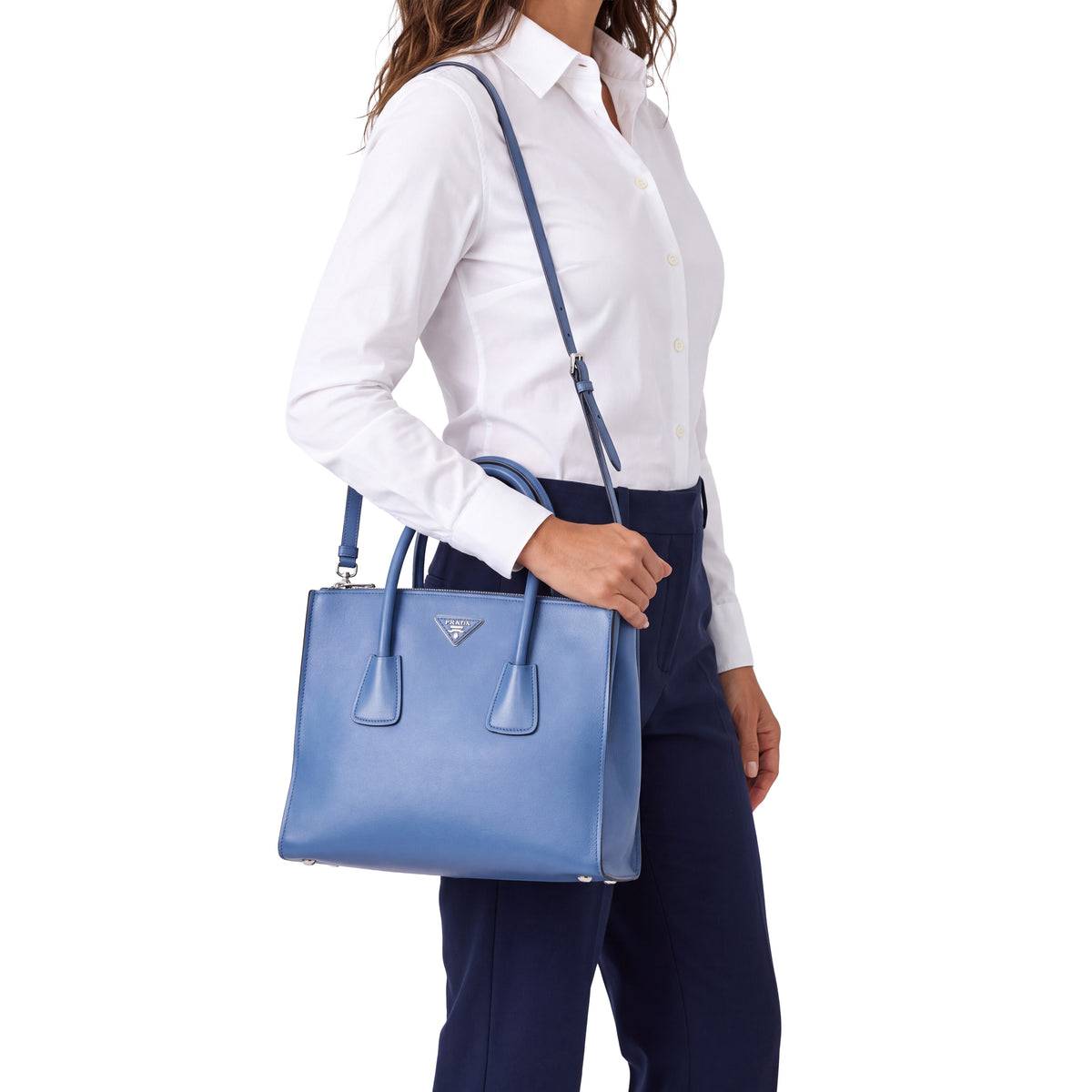 PRADA TESSUTO LEATHER TOTE BAG IN BLUE