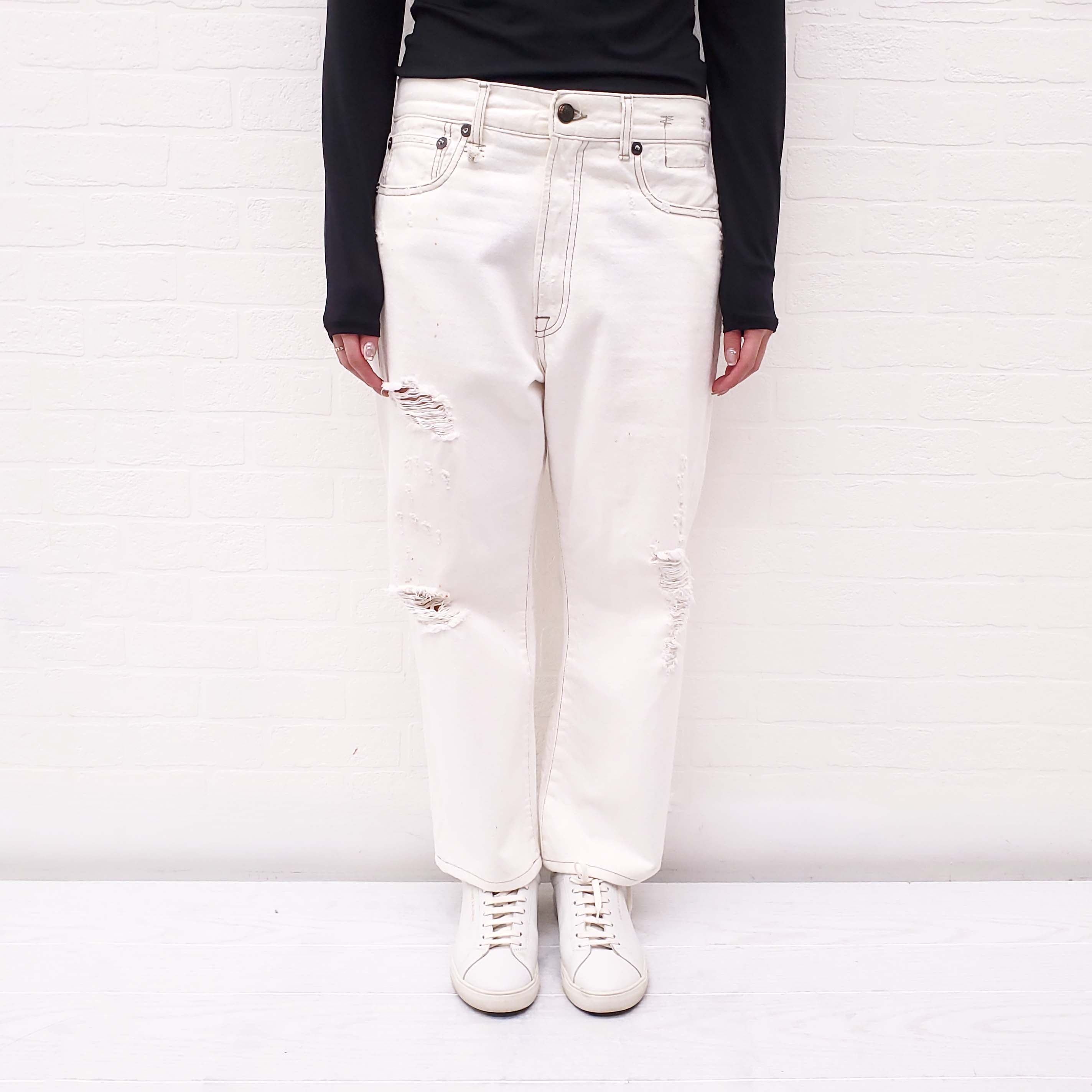 R13 CREAM DISTRESSED 'BOYFRIEND' JEANS WITH LEOPARD DETAIL - SIZE 27o