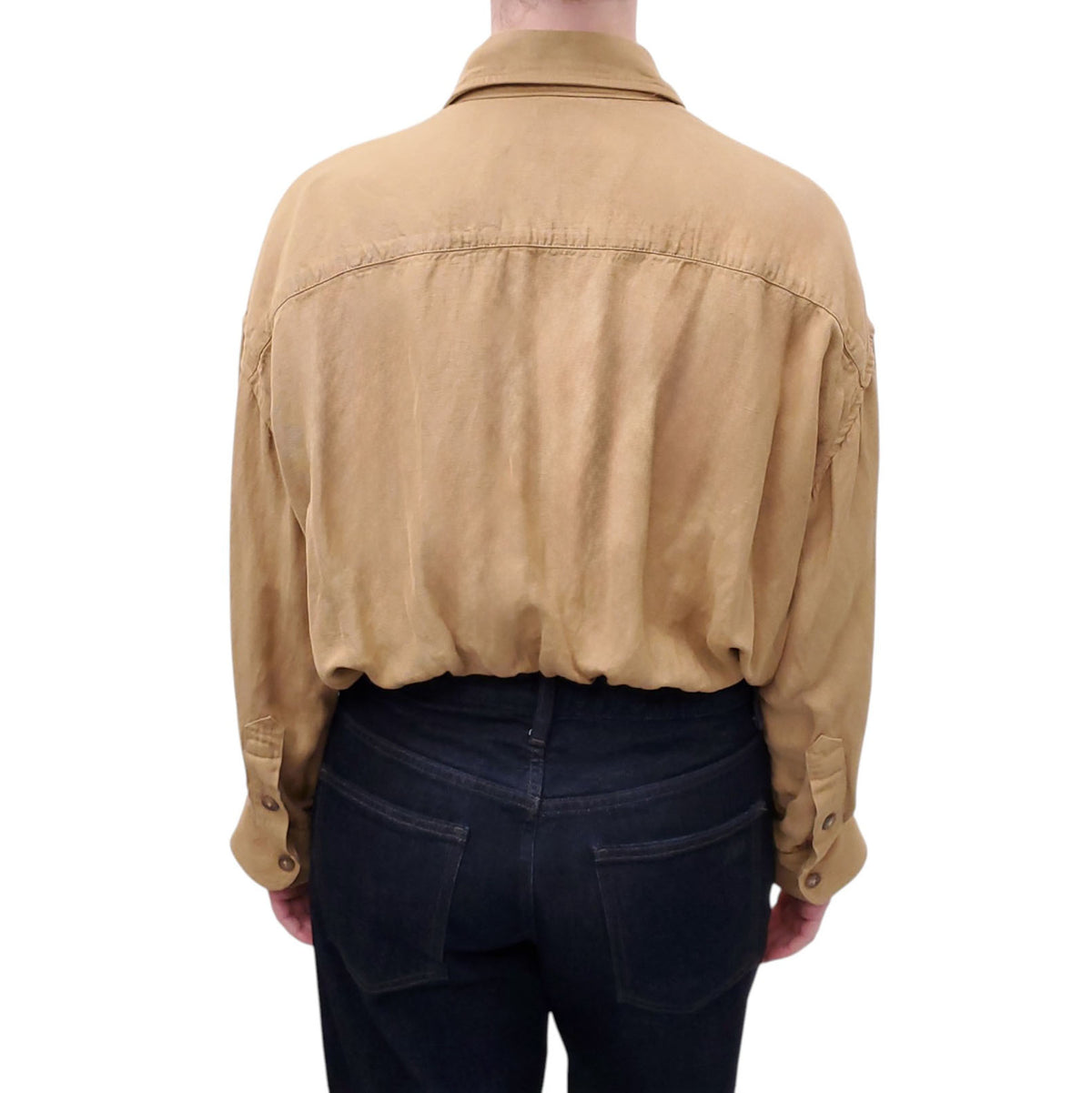R13 KHAKI BUBBLE BUTTON UP CROPPED SHIRT - SIZE XS