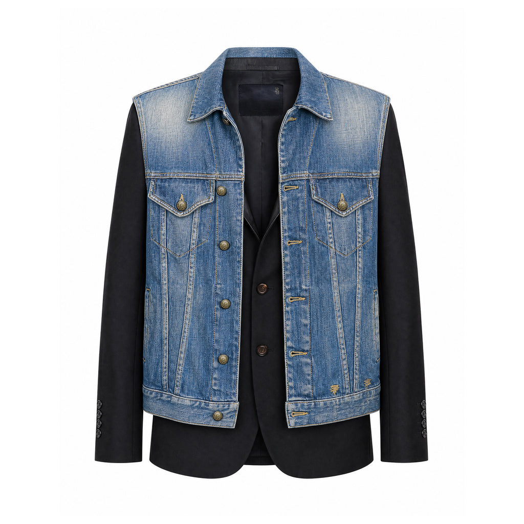 R13 LAYRED BLACK BLAZER WITH DENIM VEST INSERT - SIZE S