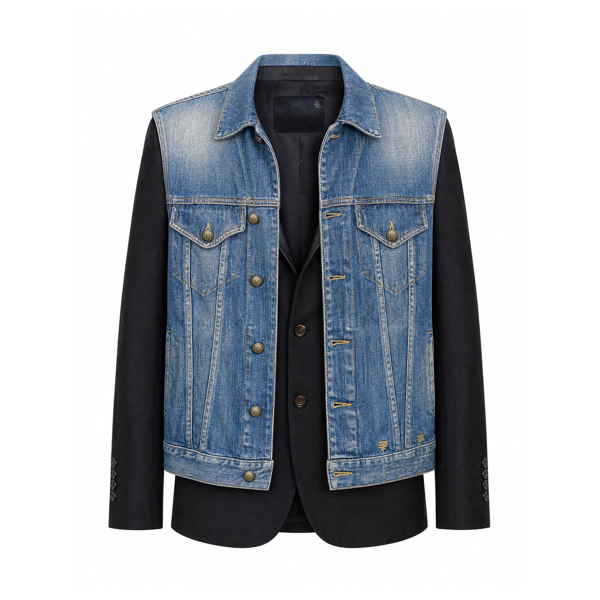 R13 LAYRED BLACK BLAZER WITH DENIM VEST INSERT - SIZE S
