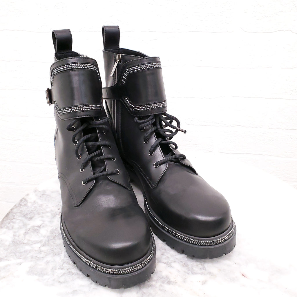 RENE CAOVILLA BLACK LEATHER MOTORCYCLE BOOTS WITH RHINESTONE DETAIL - SIZE 41