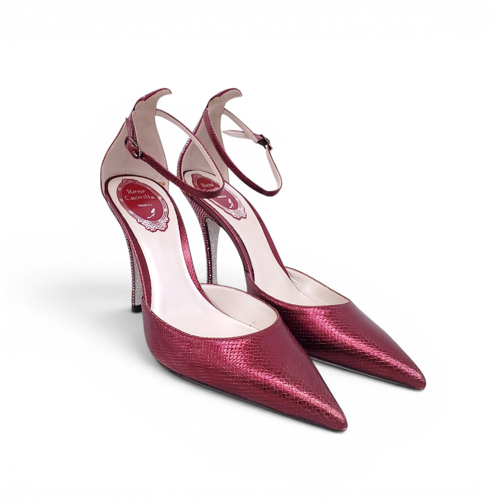 RENE CAOVILLA RED SNAKESKIN CRYSTAL HEELS - SIZE 37