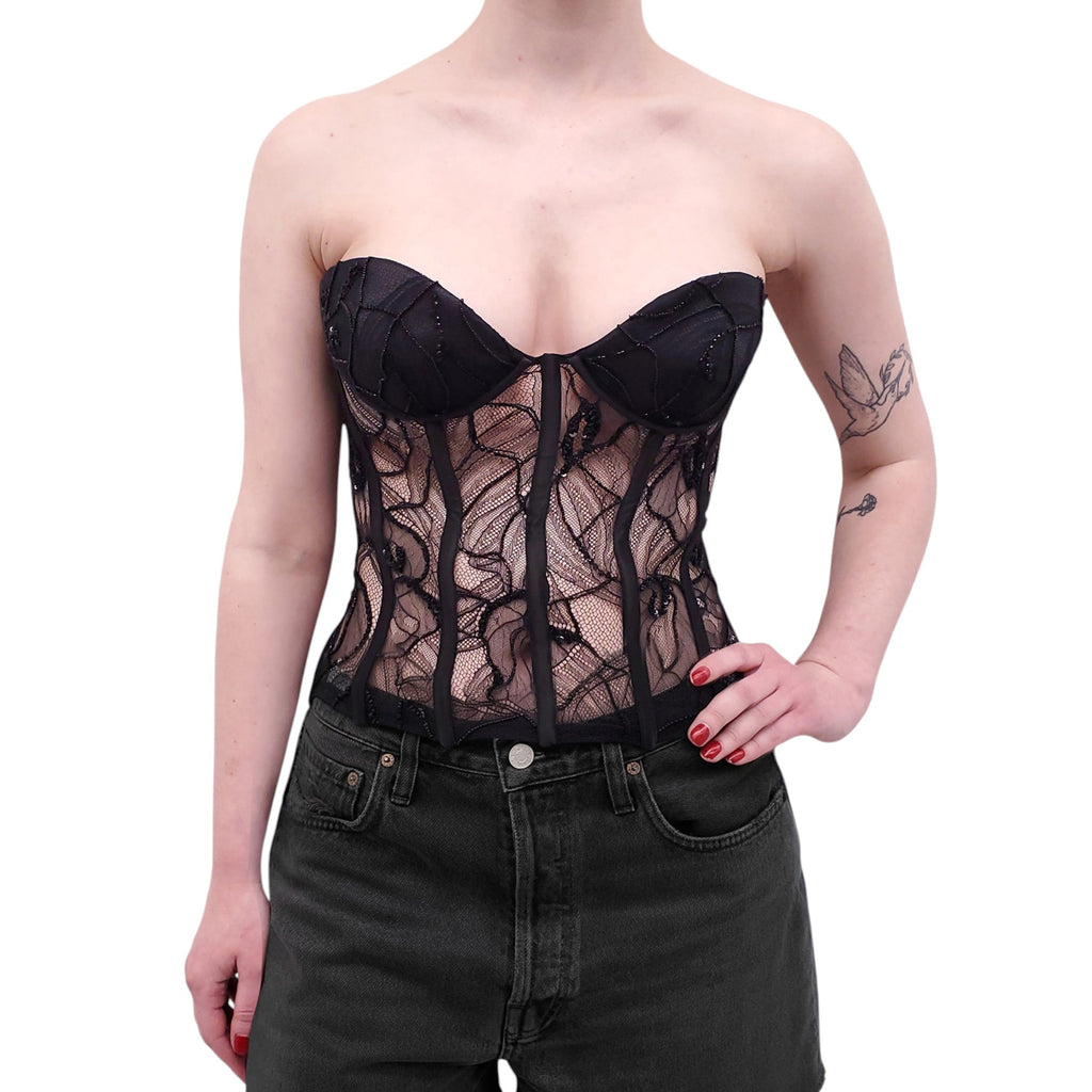 RETROFÊTE BLACK LACE SEQUIN CORSET TOP - SIZE XS