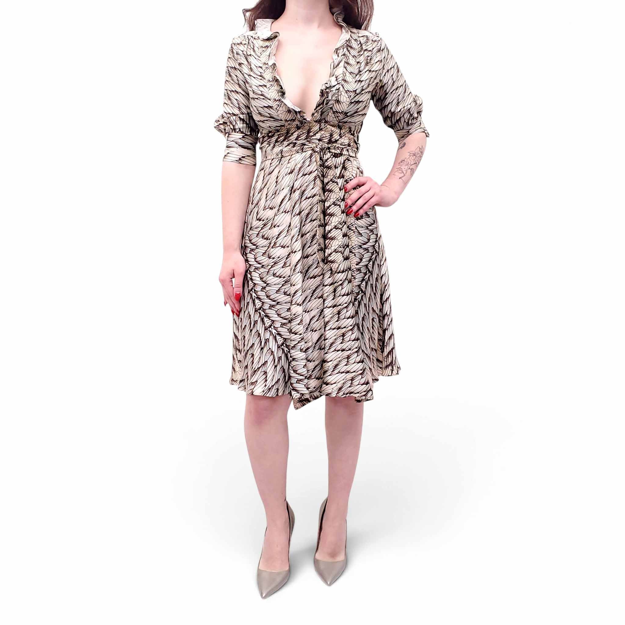 ROBERTO CAVALLI PATTERNED RUFFLE DRESS WITH TIE DETAIL - SIZE 36