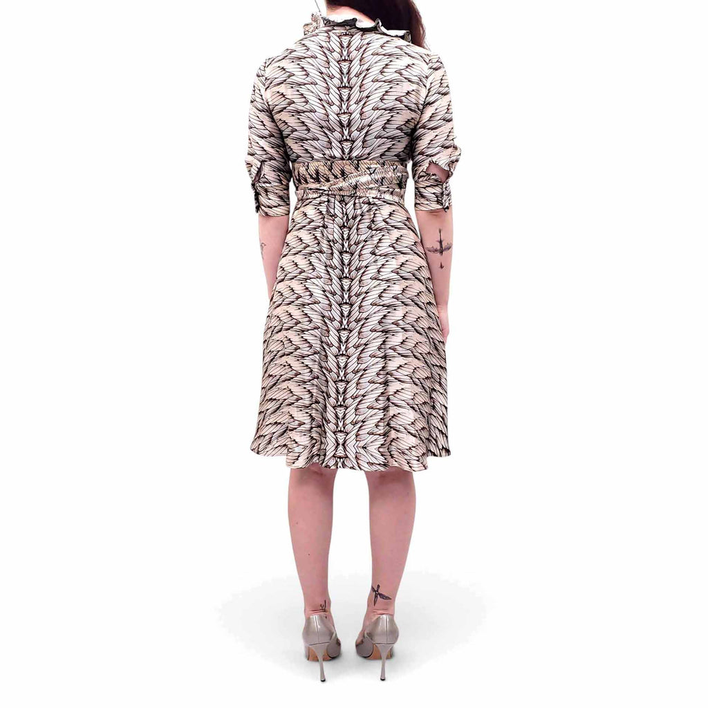 ROBERTO CAVALLI PATTERNED RUFFLE DRESS WITH TIE DETAIL - SIZE 36