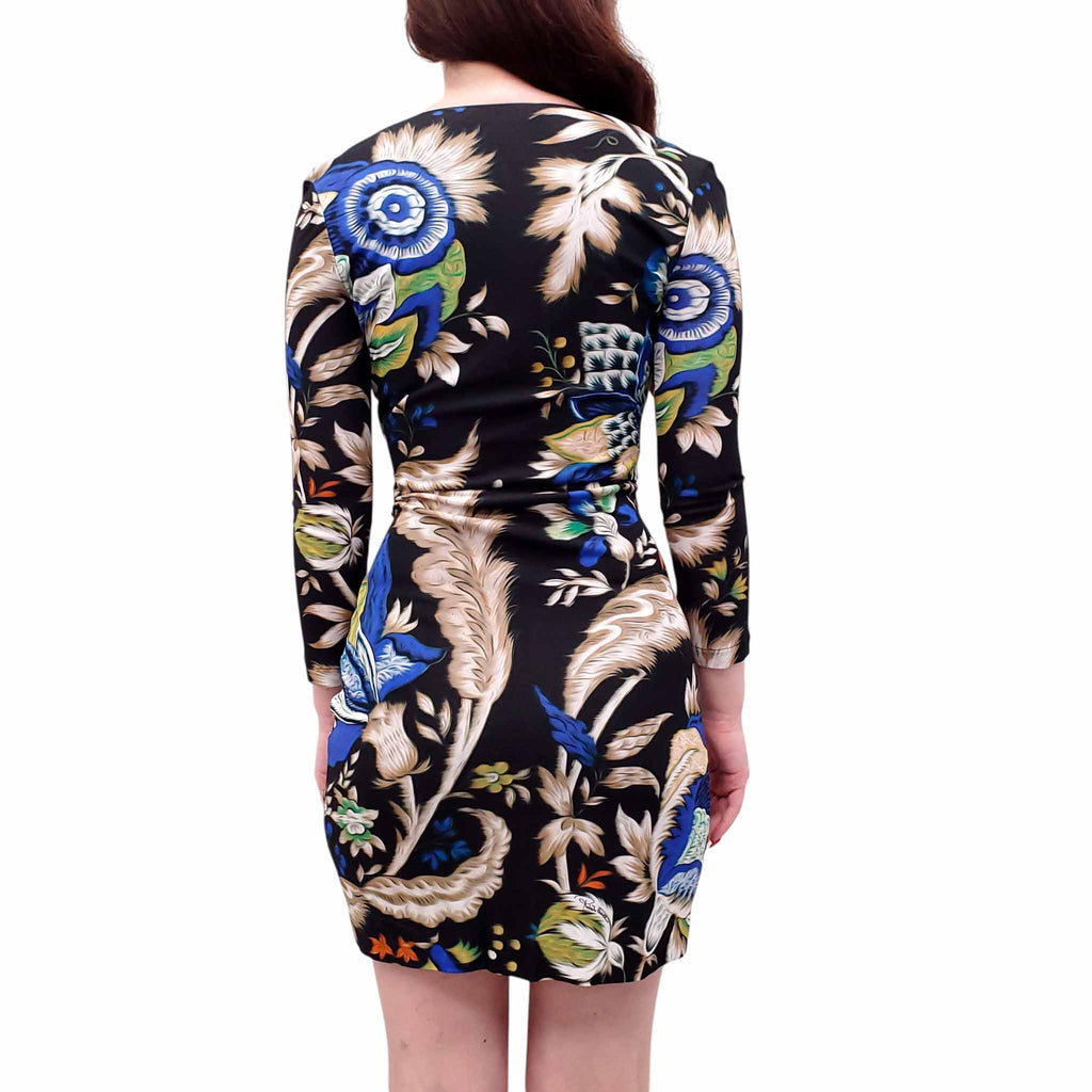 ROBERTO CAVALLI PATTERNED WRAP DRESS WITH GOLD EMBLEM DETAIL - SIZE 38/40