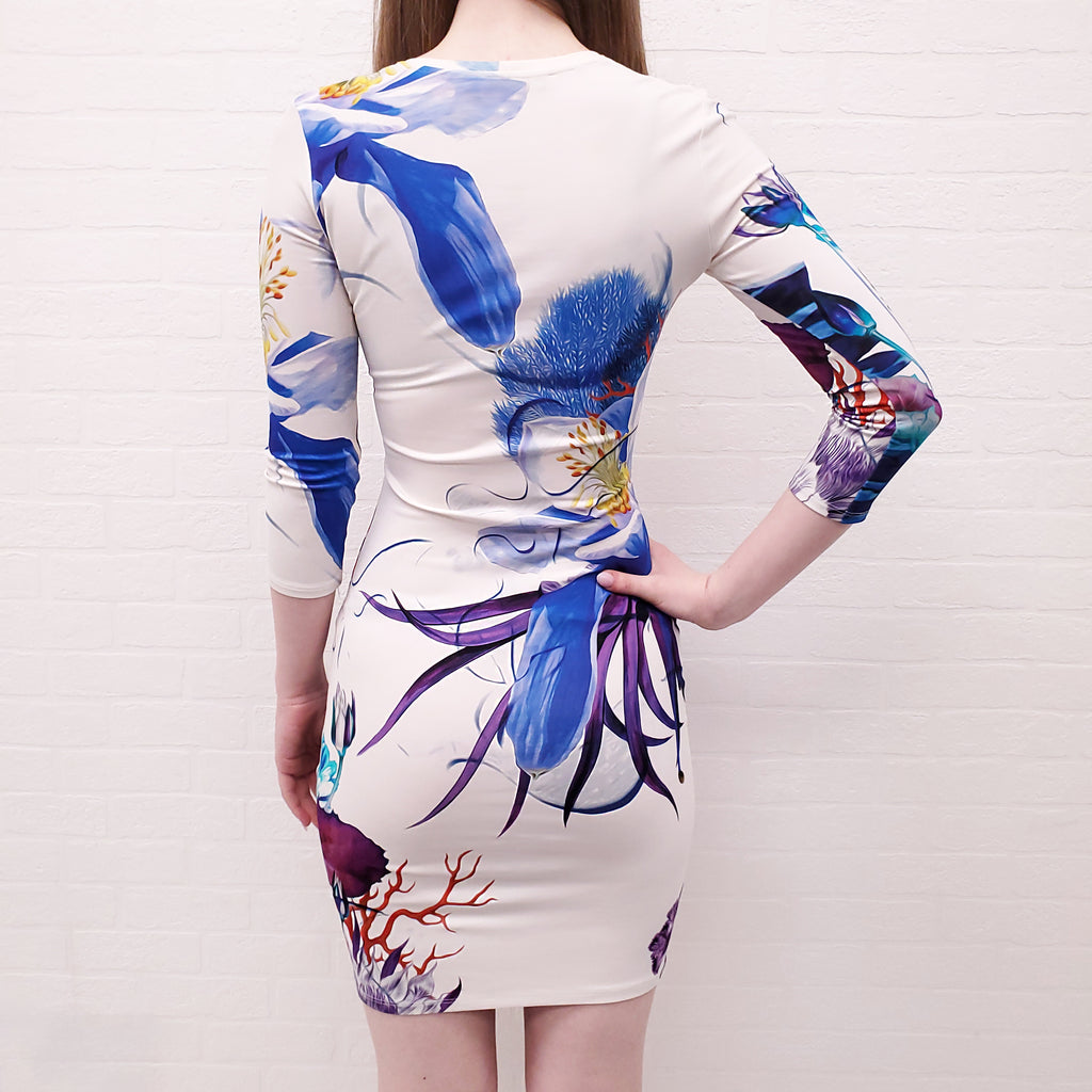 ROBERTO CAVALLI WHITE FLORAL LONG SLEEVE DRESS - SIZE 38