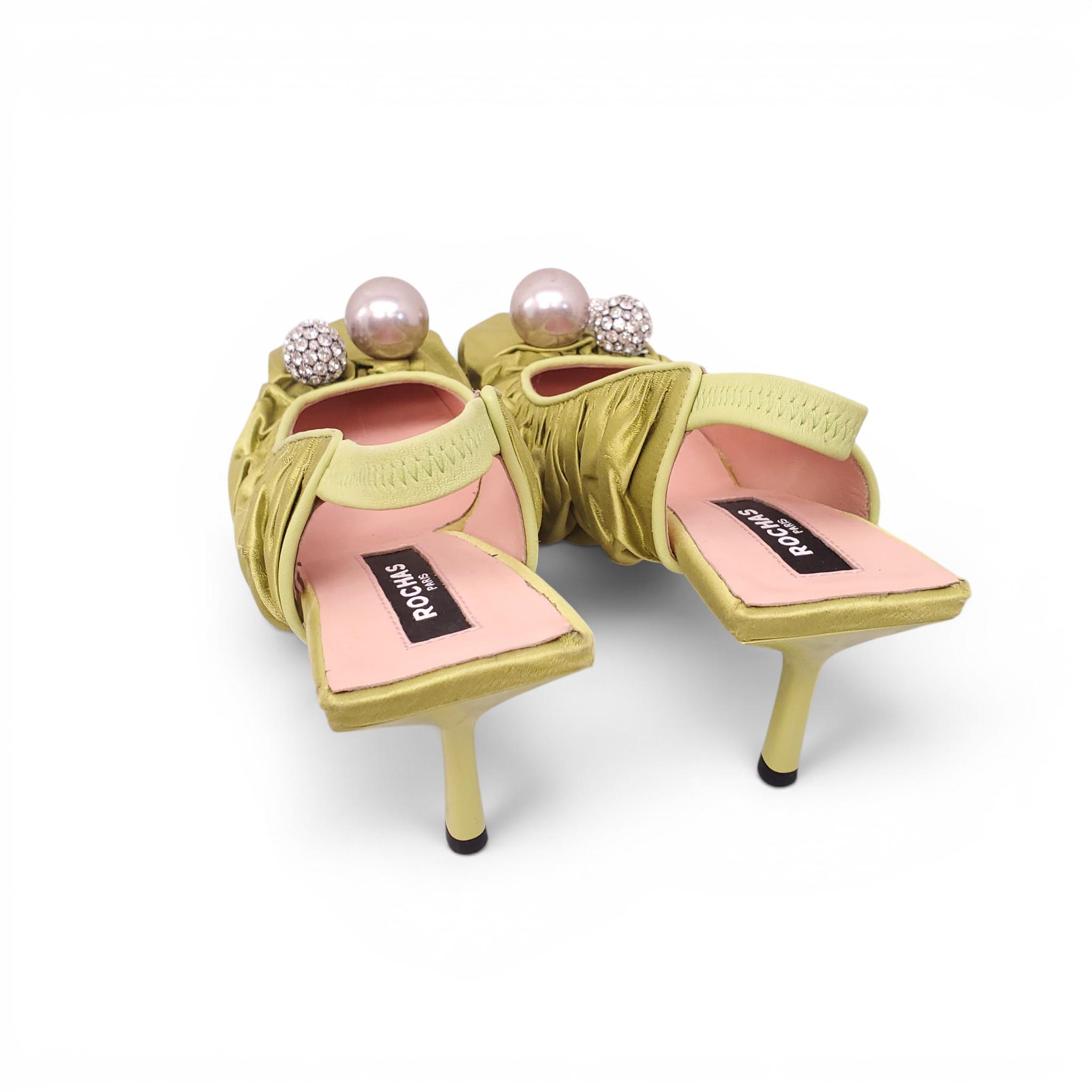 ROCHAS CHARTREUSE RUCHED SLINGBACK HEELS WITH EMBELLISHED DETAILS - SIZE 37