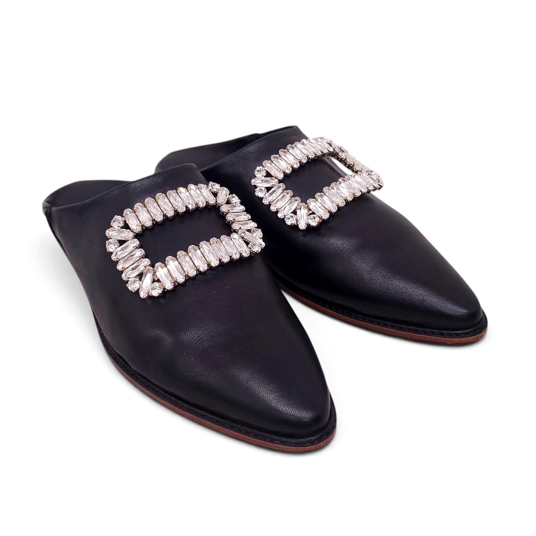 ROGER VIVIER BLACK LEATHER CRYSTAL MULES - SIZE 39