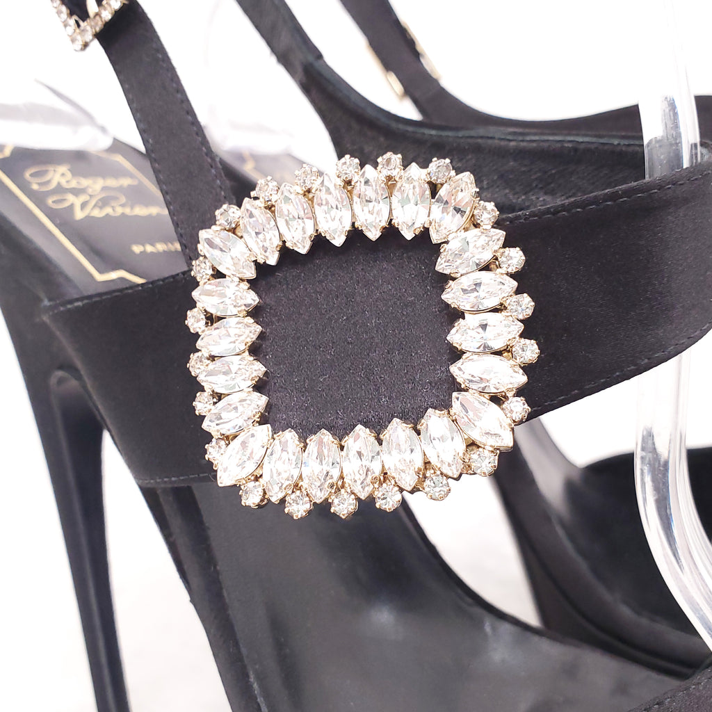 ROGER VIVIER BLACK SATIN PLATFORM OPEN TOE HEELS WITH CRYSTAL EMBELLISHMENT - SIZE 41
