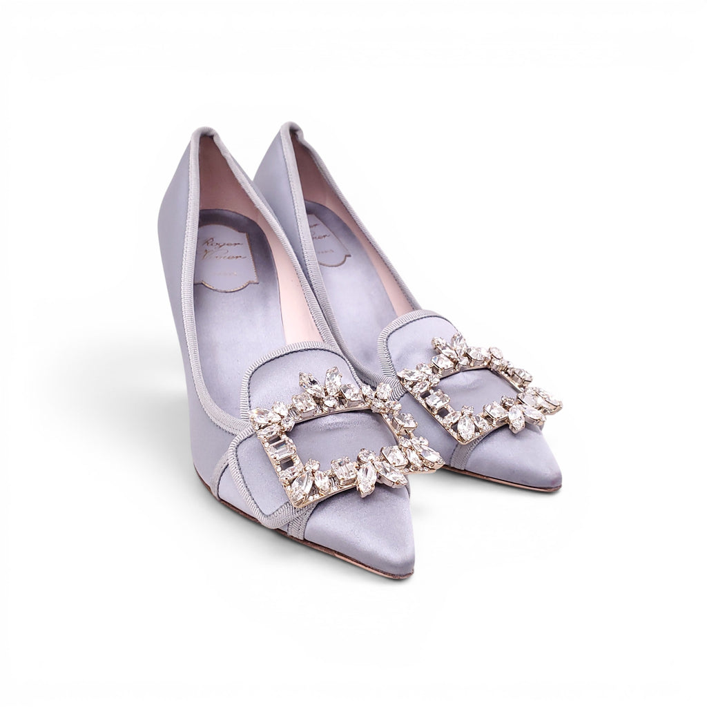 ROGER VIVIER GREY SATIN HEELS WITH CRYSTAL EMBLEM - SIZE 38.5