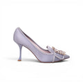 ROGER VIVIER GREY SATIN HEELS WITH CRYSTAL EMBLEM - SIZE 38.5