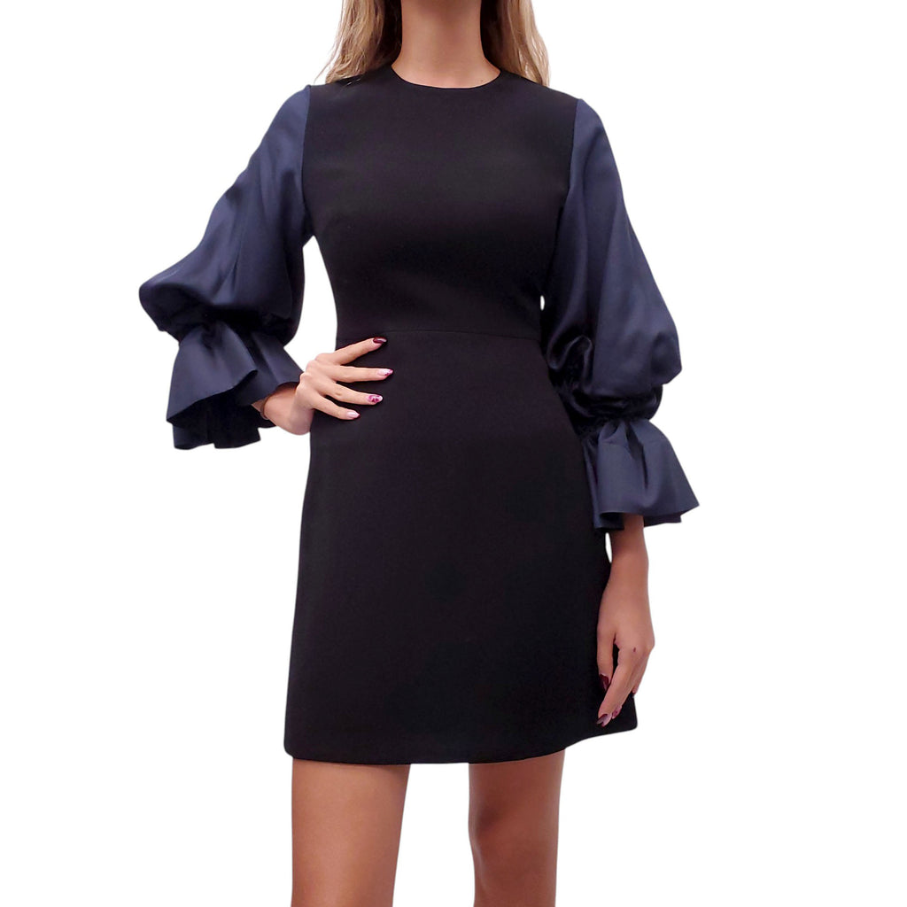 ROKSANDA BLACK DRESS WITH NAVY BUBBLE SLEEVE - SIZE US 2 / UK 6