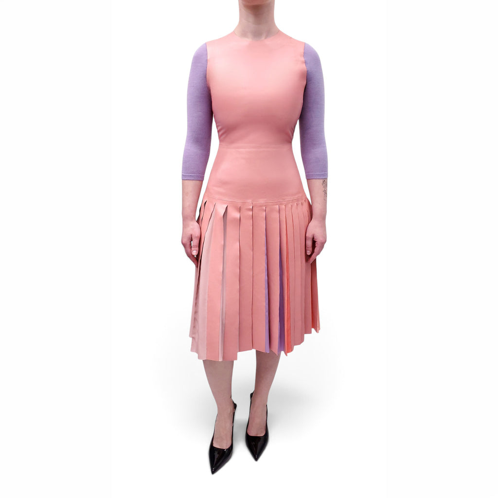 ROKSANDA PINK LEATHER DRESS WITH PURPLE KNIT SLEEVE - SIZE US 6/ UK 10