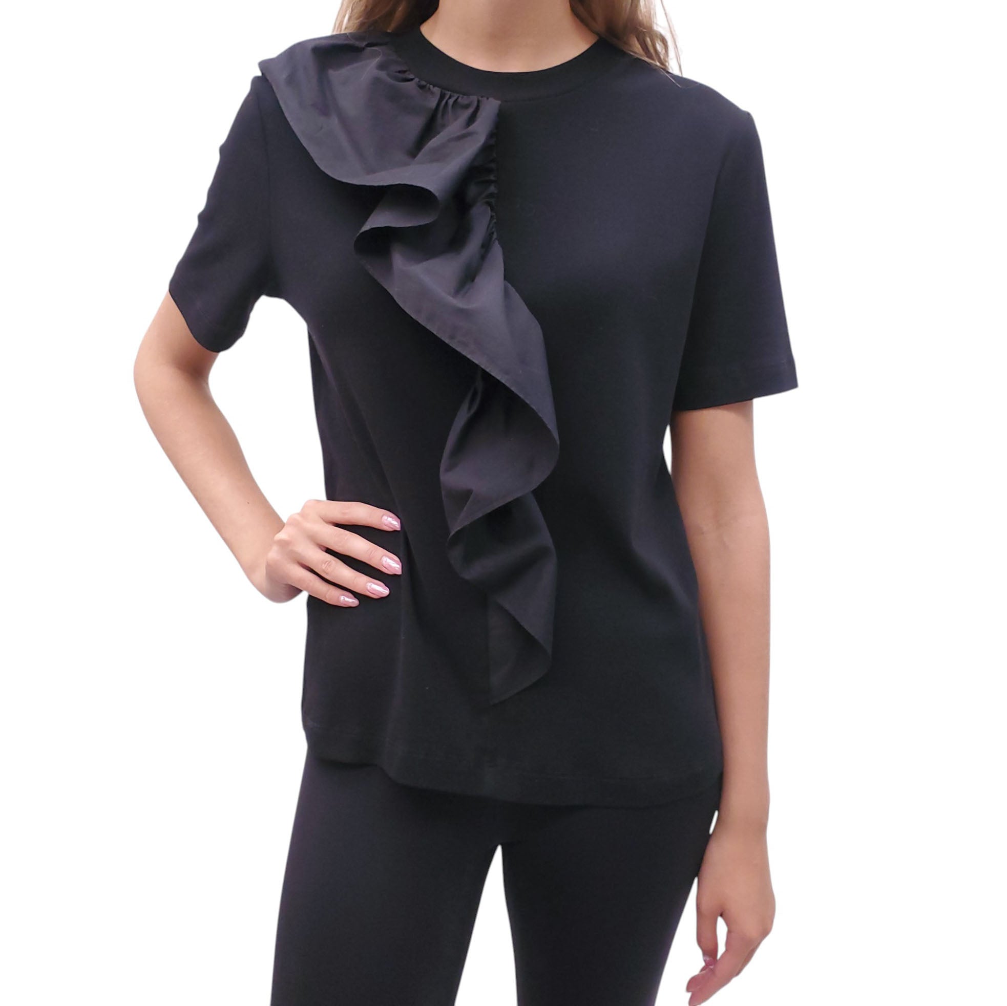 ROSETTA GETTY BLACK T-SHIRT WITH RUFFLE DETAIL - SIZE M