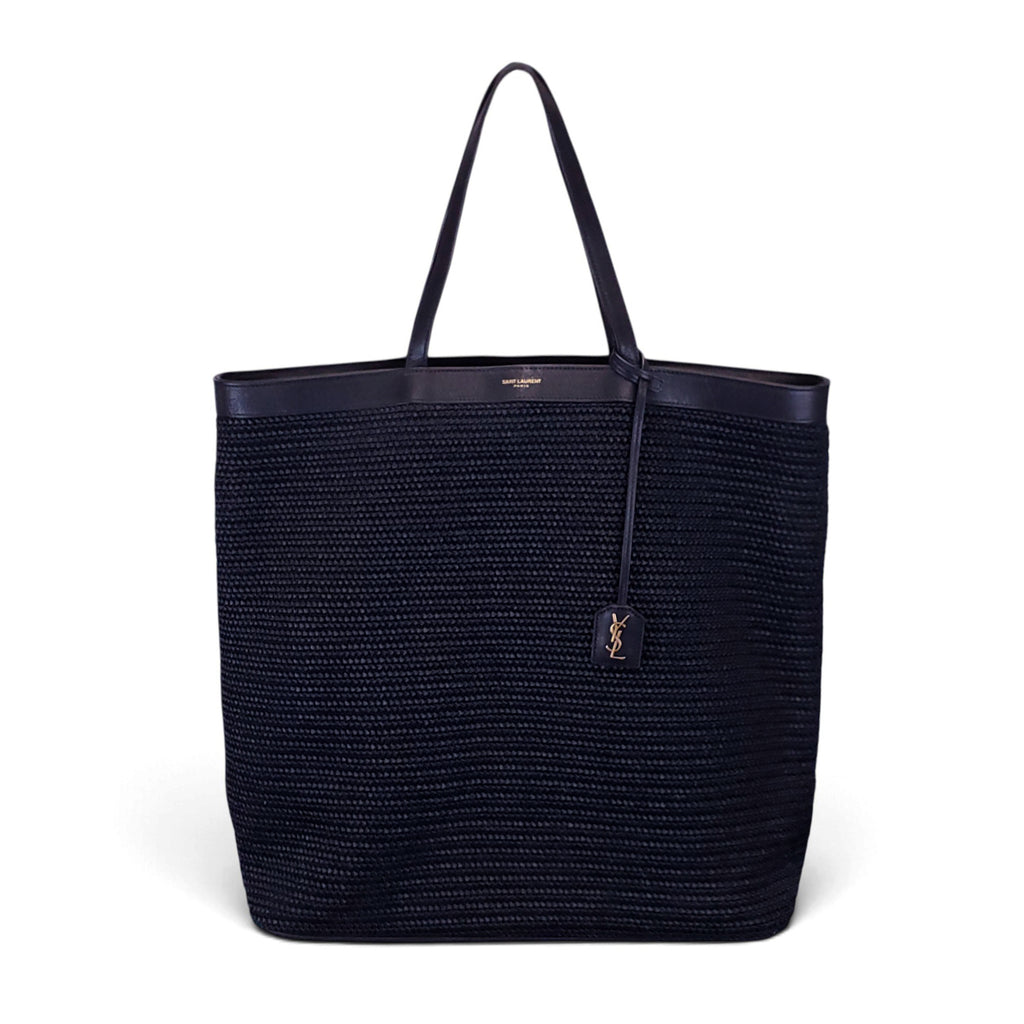 SAINT LAURENT BLACK LARGE PATTI RAFFIA LOGO TOTE