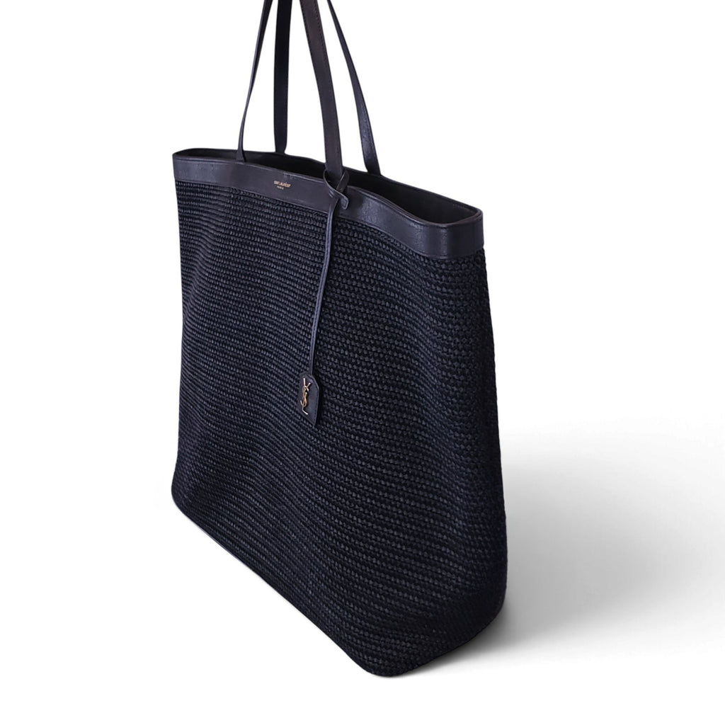 SAINT LAURENT BLACK LARGE PATTI RAFFIA LOGO TOTE
