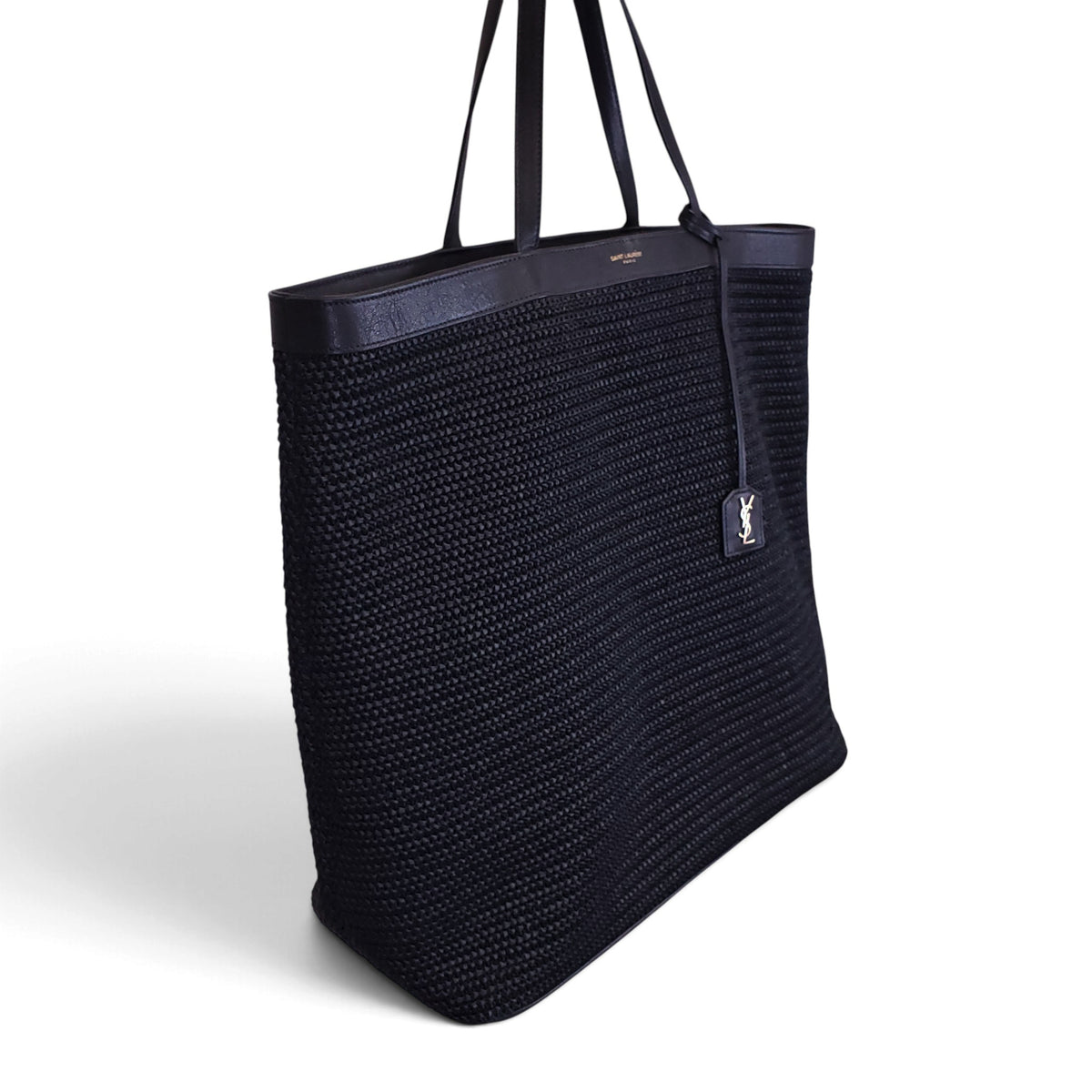 SAINT LAURENT BLACK LARGE PATTI RAFFIA LOGO TOTE