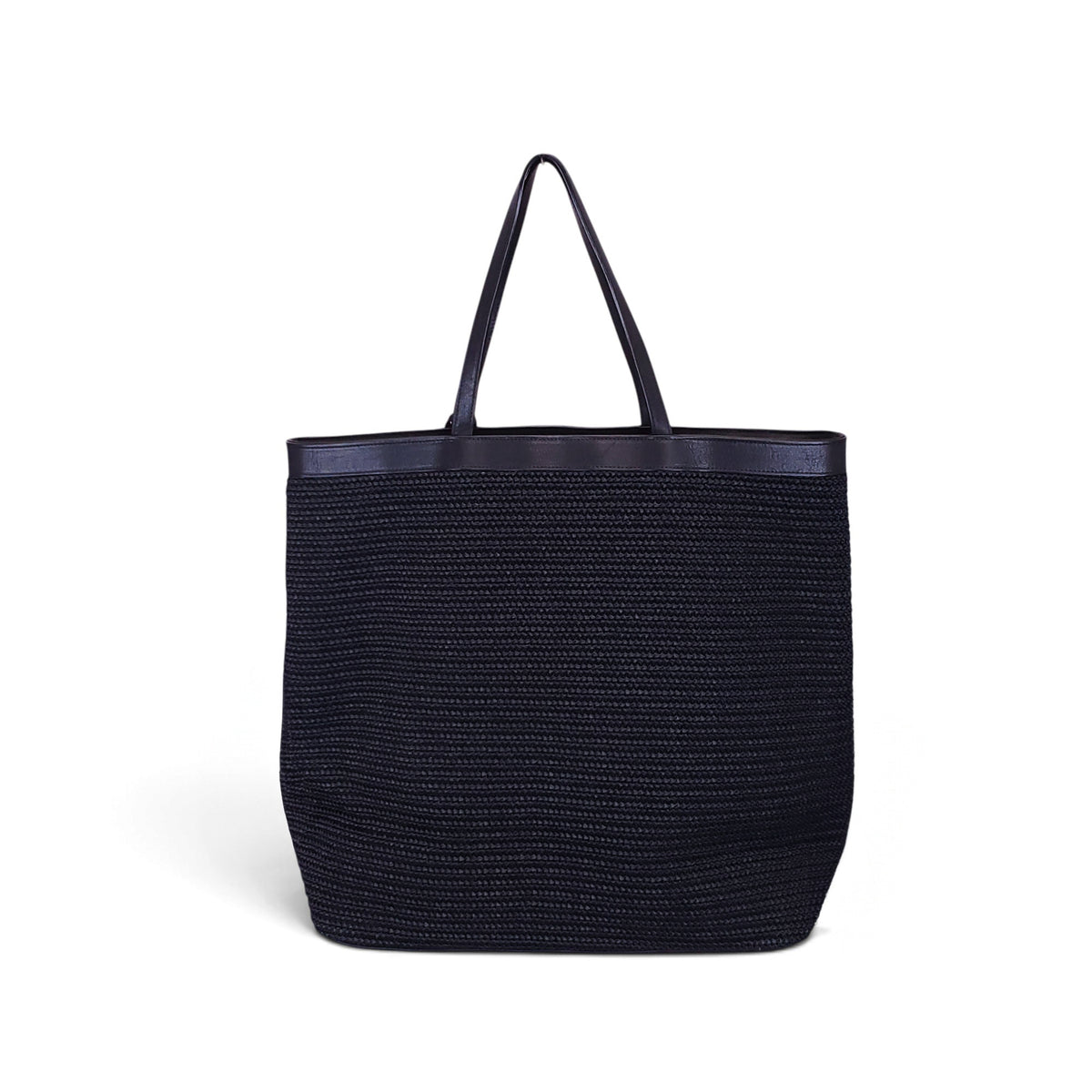 SAINT LAURENT BLACK LARGE PATTI RAFFIA LOGO TOTE