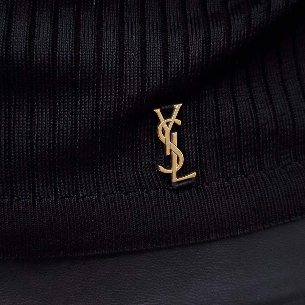 SAINT LAURENT BLACK RIBBED LONG SLEEVE TOP WITH LOGO - SIZE S