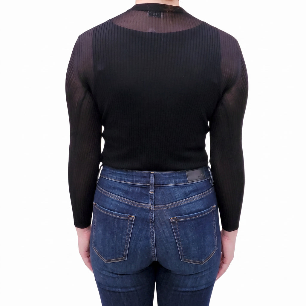 SAINT LAURENT BLACK RIBBED LONG SLEEVE TOP WITH LOGO - SIZE S
