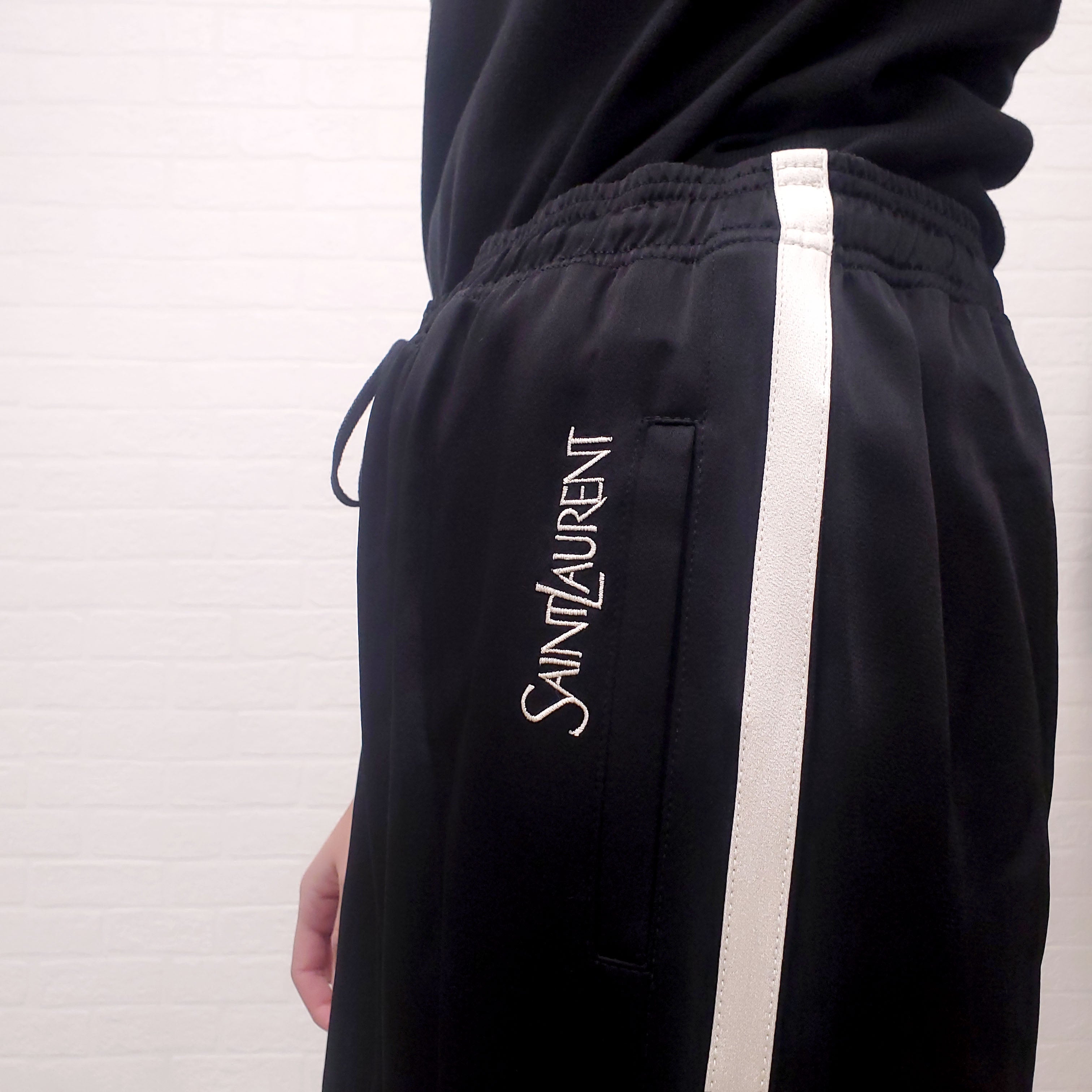SAINT LAURENT EMBROIDERED LOGO STRIPED TRACK PANTS - SIZE 50