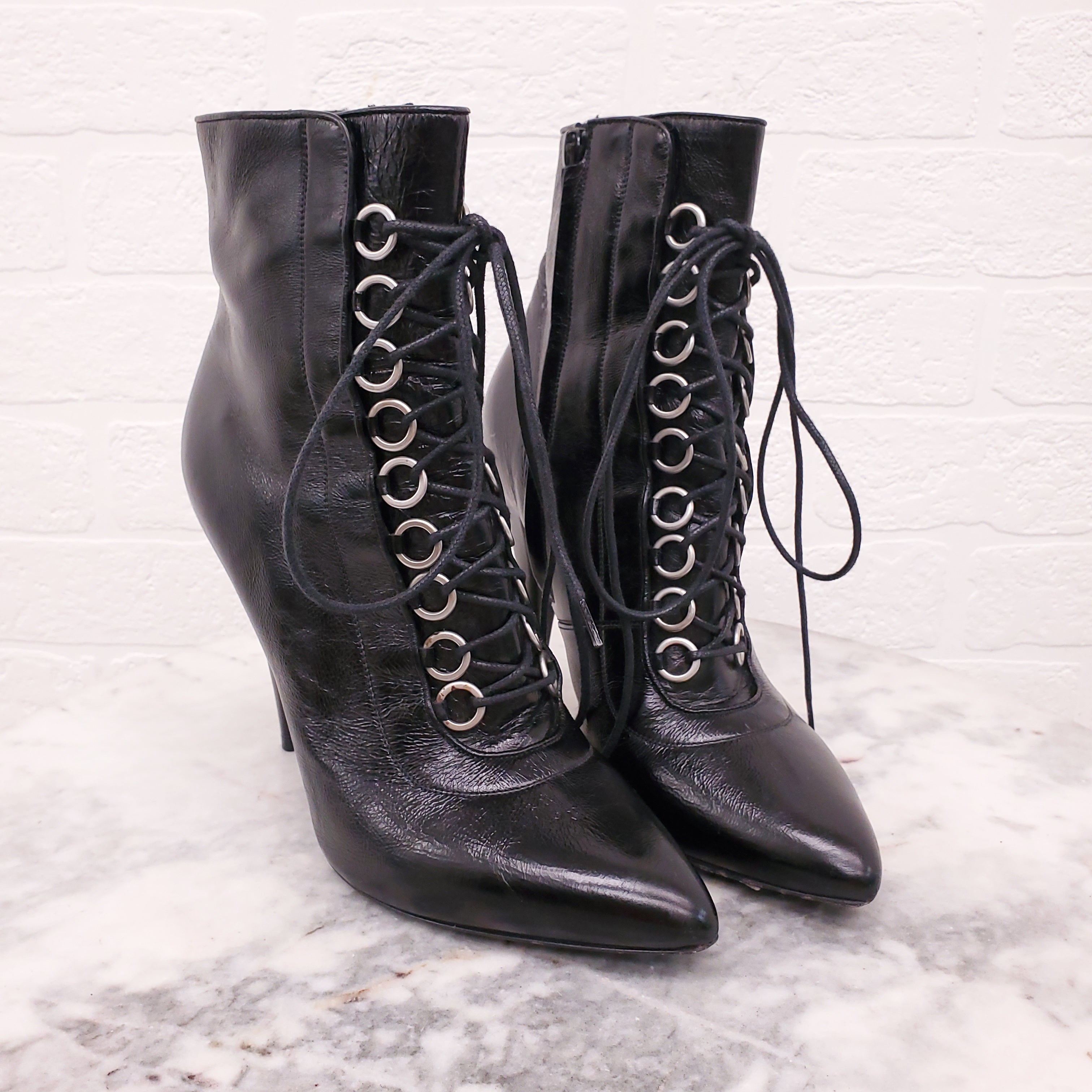 SAINT LAURENT LACE UP BLACK LEATHER BOOTS - SIZE 38
